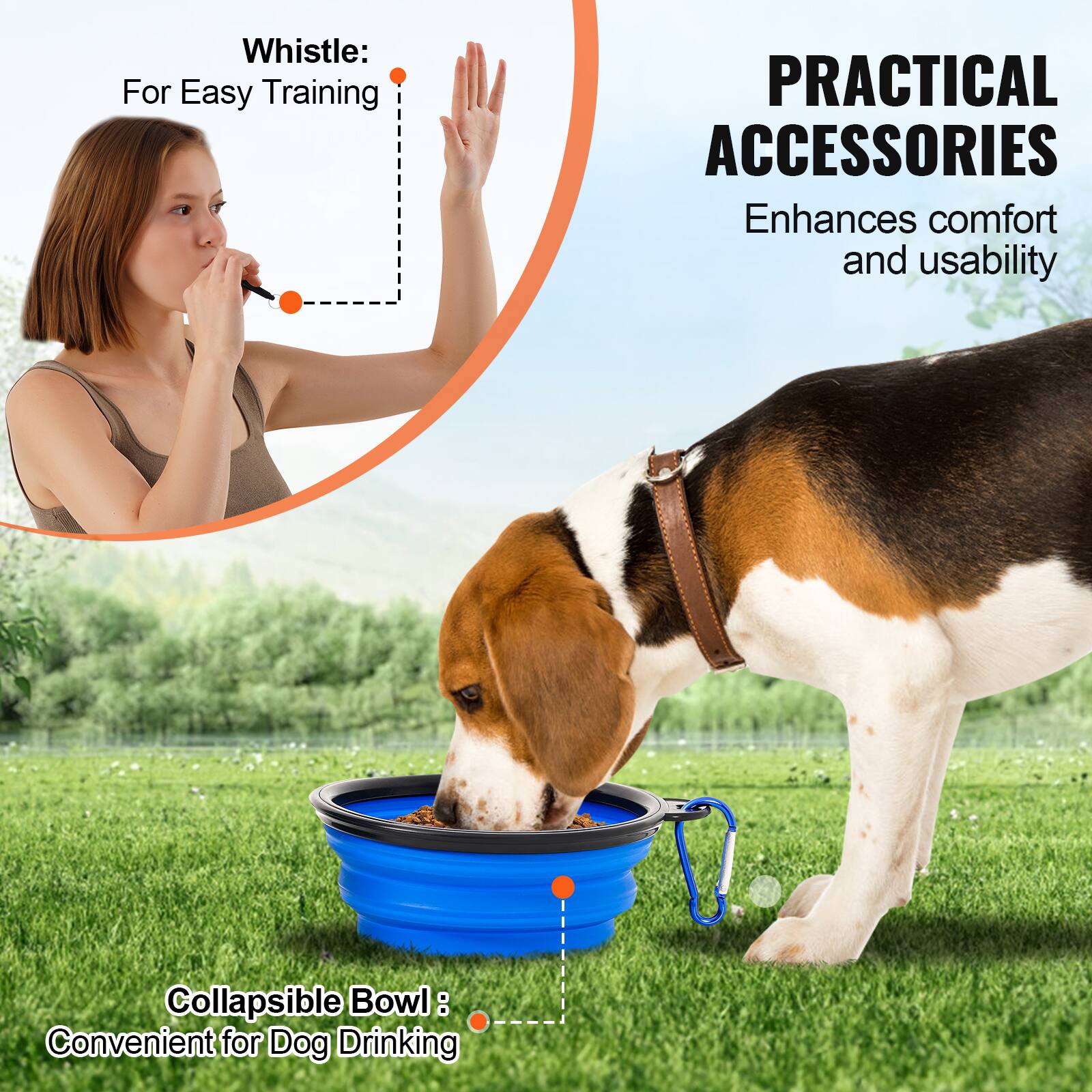Whistle: For Easy Training, Collapsible Bowl: Convenient for Dog Drinking, PRACTICAL ACCESSORIES: Enhances comfort and usability