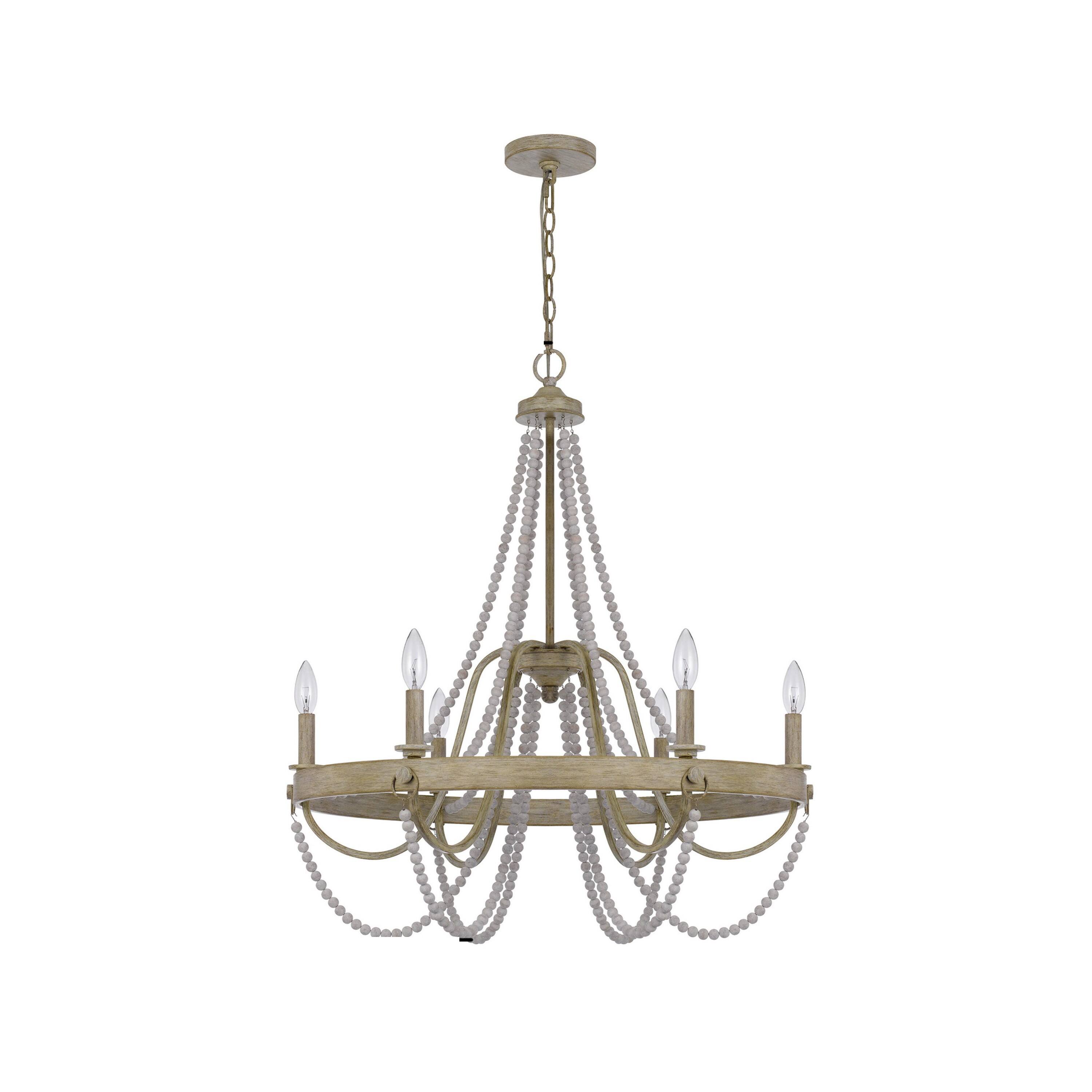 Angle. Manhattan Lane - Maci 28 Inch Chandelier, White Beaded Candelabra Design, Wood - Brown, White.