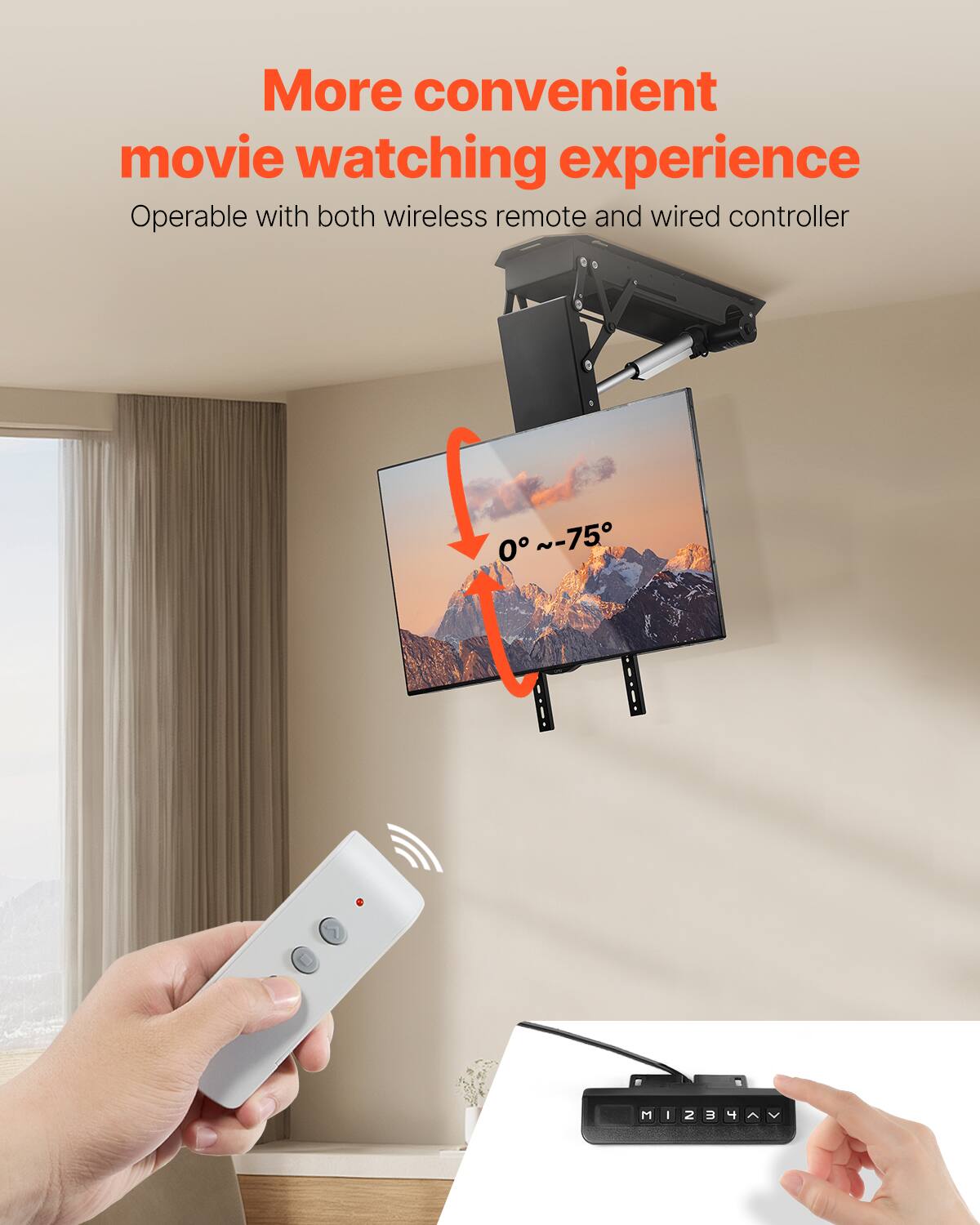 More convenient movie watching experience  
Operable with both wireless remote and wired controller  
0° ~ -75°