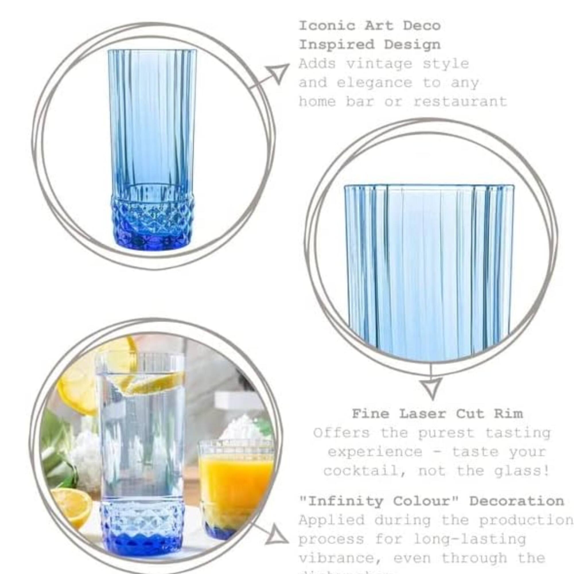 Iconic Art Deco Inspired Design Adds vintage style and elegance to any home bar or restaurant

Fine Laser Cut Rim Offers the purest tasting experience - taste your cocktail, not the glass!

"Infinity Colour" Decoration Applied during the production process for long-lasting vibrance, even through the