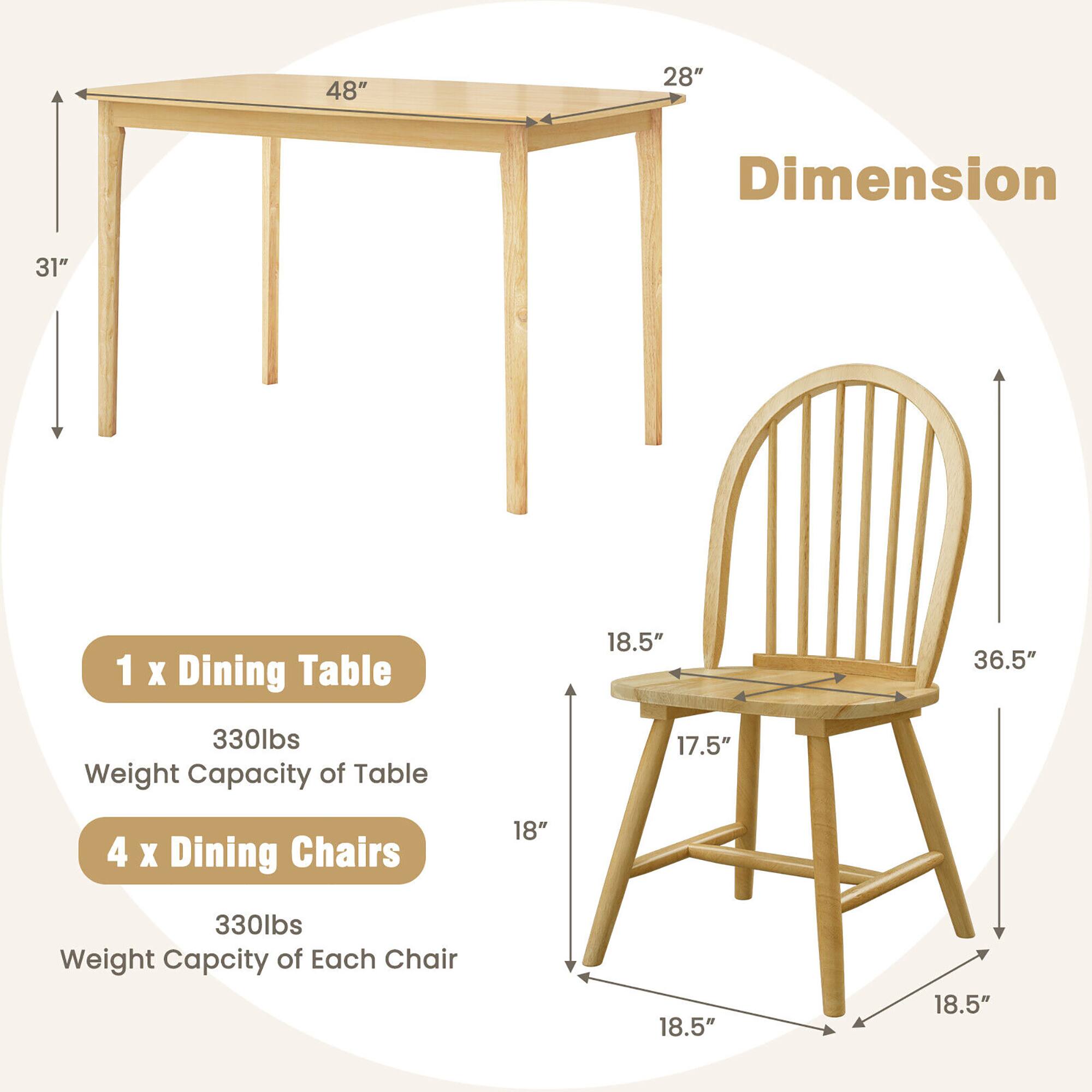 1 x Dining Table  
Dimensions: 48" x 28" x 31"  
Weight Capacity: 330 lbs  

4 x Dining Chairs  
Dimensions: 18.5" x 17.5" x 36.5" x 18"  
Weight Capacity: 330 lbs each