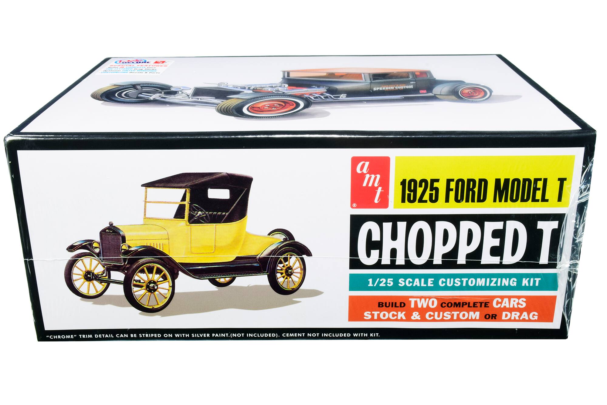 COMICCIONES  
SPEEDIN CUSTUM  
a m t 1925 FORD MODEL T CHOPPED T 1/25 SCALE CUSTOMIZING KIT  
BUILD TWO COMPLETE CARS STOCK & CUSTOM OR DRAG  
TRIM DETAIL CAN BE STRIPED ON WITH SILVER PAINT. (NOT INCLUDED). CEMENT NOT INCLUDED WITH KIT. "CHROME"