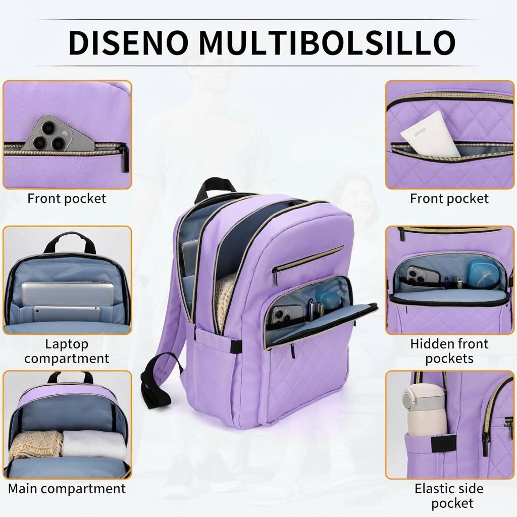 DISEÑO MULTIBOLSILLO

- Front pocket
- Front pocket
- Laptop compartment
- Hidden front pockets
- Main compartment
- Elastic side pocket