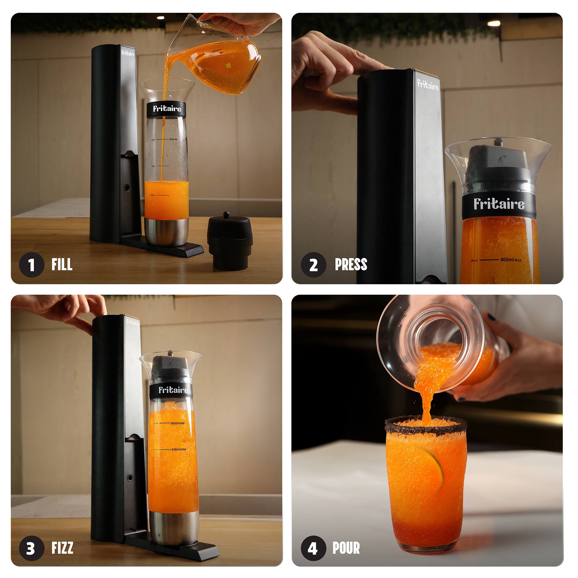 1. Fill  
2. Press  
3. Fizz  
4. Pour