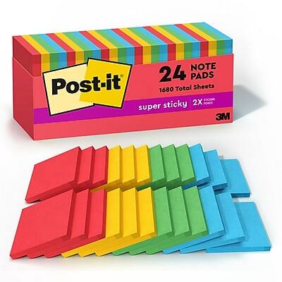 Post-it - Super Sticky Notes, 3" x 3", Playful Primaries Collection, 70 Sheet/Pad, 24 Pads/Pack - Assorted