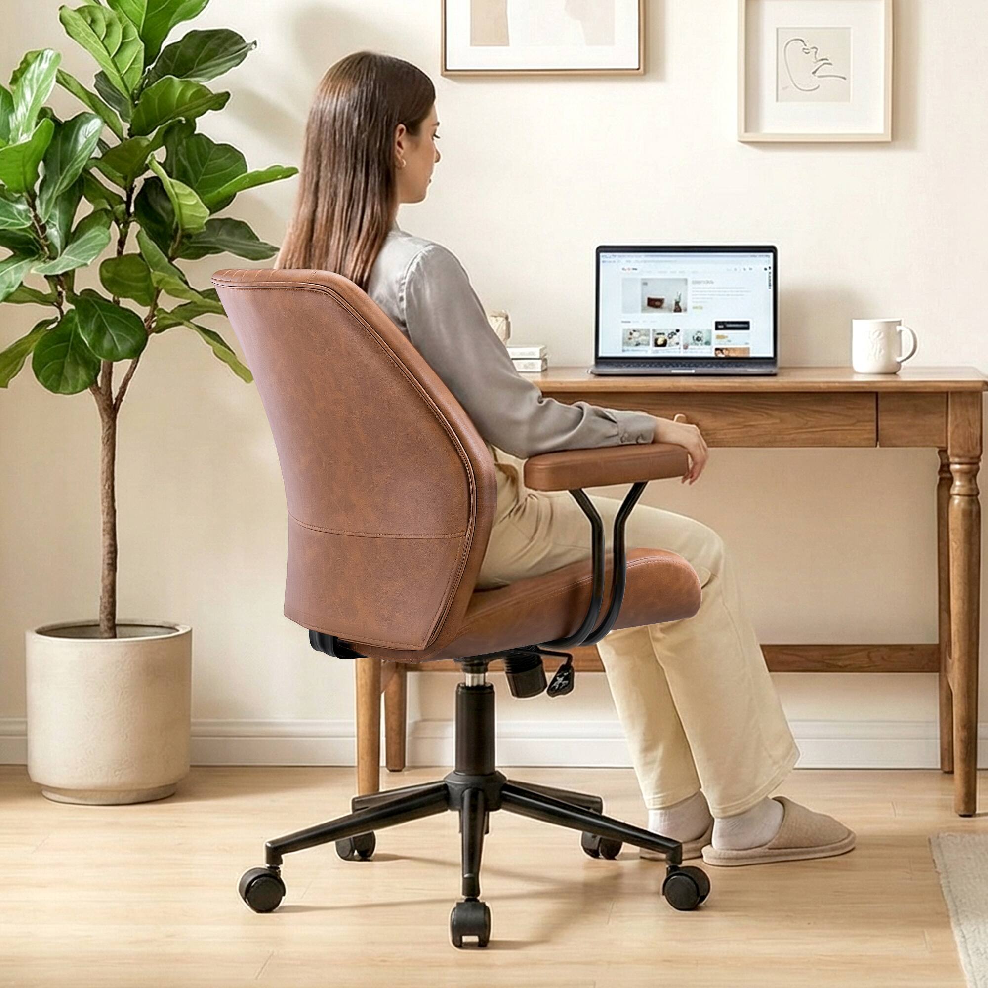 Alt View 6. KERDOM - Mid Back Ergonomic Home Office Chair with Lumbar Support & Removable Armrest, Rocking Swivel Vanity Chair Desk Chair - Brown.