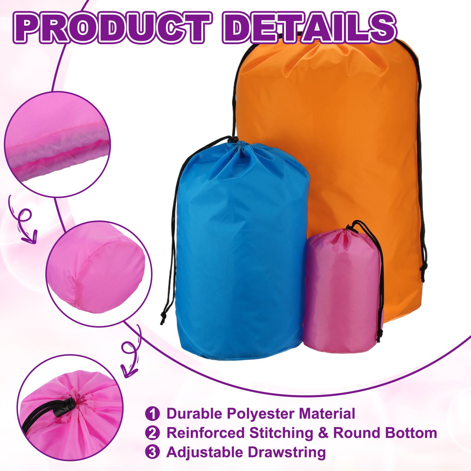 PRODUCT DETAILS

1. Durable Polyester Material
2. Reinforced Stitching & Round Bottom
3. Adjustable Drawstring