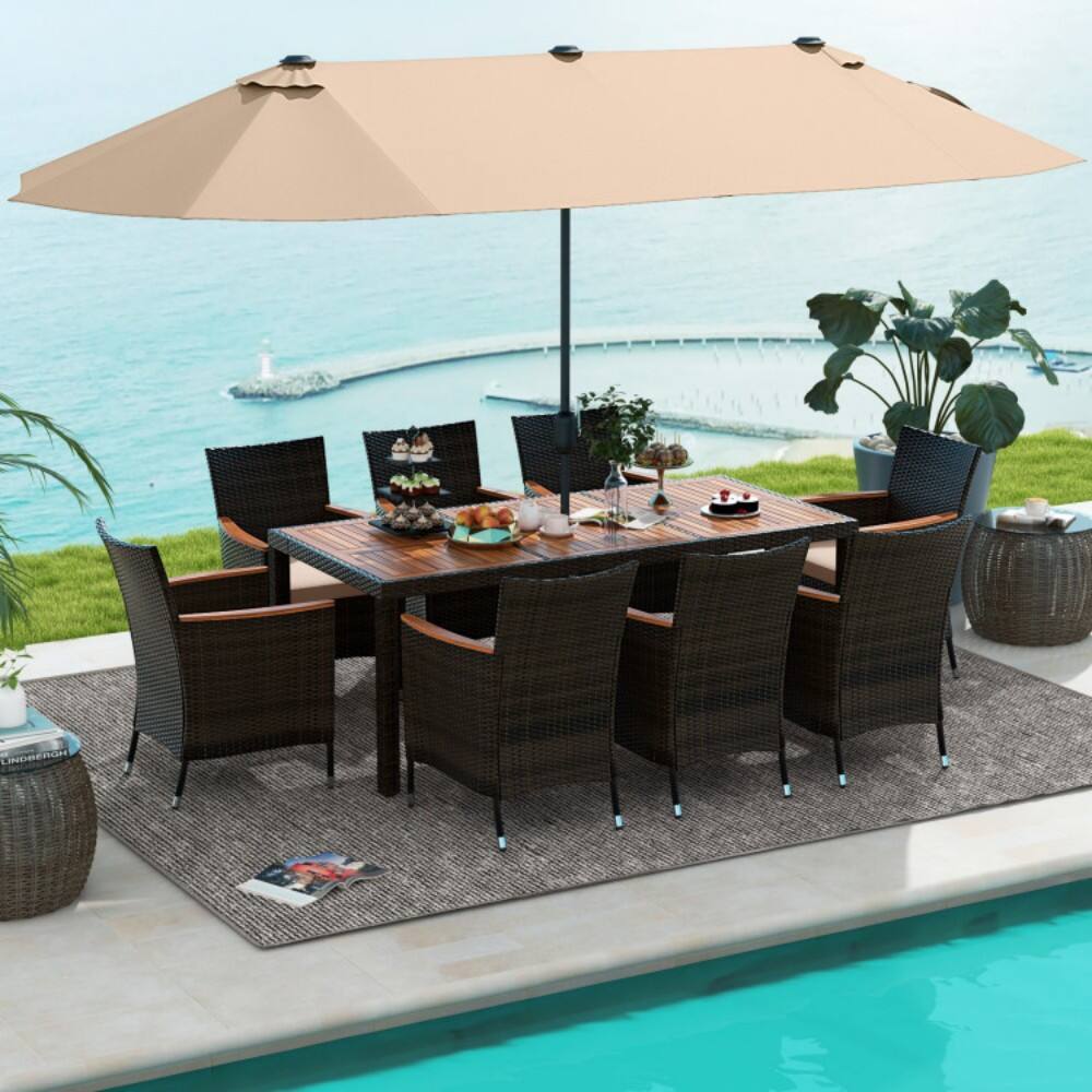 Left. Mondawe - 10 Piece Outdoor Dining Set with 15 Feet Double-Sided Twin Patio Umbrella - Brown.