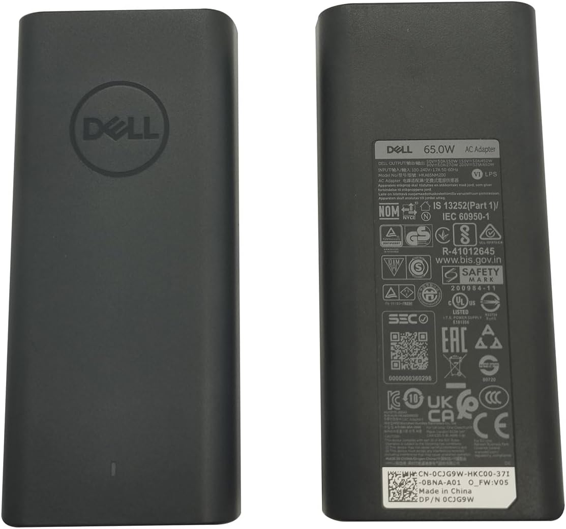 DOLL DOLL 65.0W AC Adapter  
WOZEAGERVOL SOAURSOW LOUTAT/MI/S HSAdow nothing_to_ncribe IPUD/MIA 100 10-40H Mode  
KMANHODO VI LPS AC Adapter  
dnl IS 13252(Part 1)/ NOM N IEC 60950-1 NYCE 8 R-41012645 www.bis.gov.in  
SAFETY MARK 200984-1  
UL uS LISTED SEC 81810N A EAC 0000000360298 80720 K 10 UK 6 CA CE CN-0CJG9W HKCO0 71 -0BNA-A01 O_FW:V0S  
Made in China DP/N OCJG9W  

DELL 65.0W AC Adapter  
DELL OUTPUT: 19V 3.42A 65.0W  
INPUT: 100-240V~ 1.6A