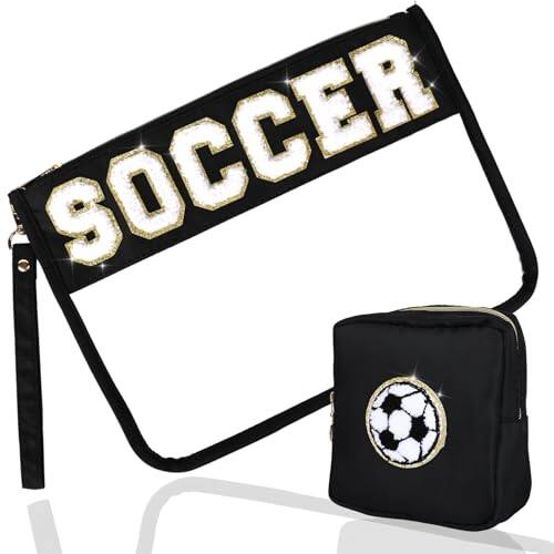 Front. DORLUKFU - 2 Pcs Balck Soccer Bags for Girls, Stylish Soccer Mom Essentials Stuff Accessories, Clear Waterproof Pvc Girls Soccer - Black Soccer.