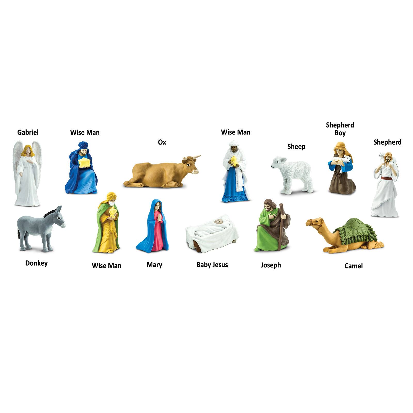 Gabriel  
Wise Man  
Ox  
Wise Man  
Sheep  
Shepherd Boy  
Shepherd  
Donkey  
Wise Man  
Mary  
Baby Jesus  
Joseph  
Camel