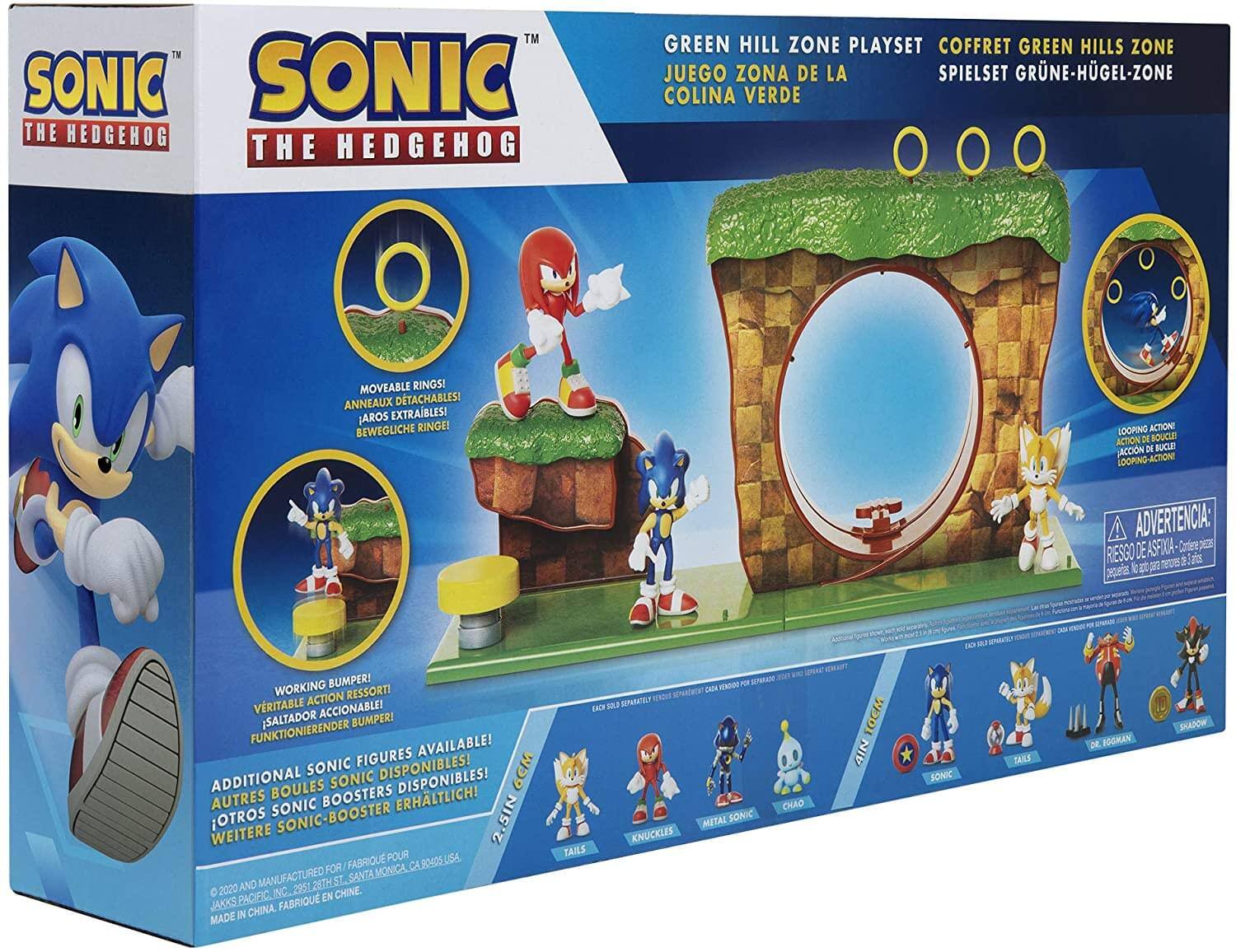 **SONIC THE HEDGEHOG**

**GREEN HILL ZONE PLAYSET**
- COFFRET GREEN HILLS ZONE
- SPIELSET GRÜNE-HÜGEL-ZONE
- JUEGO ZONA DE COLINA VERDE

**MOVEABLE RINGS!**
- ANNEAUX DÉTACHABLES!
- AROS EXTRAIBLES!
- BEWEGLICHE RINGE!

**LOOPING ACTION!**
- ACTION DE BOUCLE!
- ACCIÓN DE BUCLE!
- LOOPING-ACTION!

**WORKING BUMPER!**
- ACTION RESSORTI!
- VERITABLE ACTION ACCIONABLE!
- FUNKTIONIERENDER FIGURES!

**ADDITIONAL SONIC FIGURES AVAILABLE!**
- AUTRES BOULES SONIC DISPONIBLES!
- WEITERE SONIC BOOSTER ERHÄLTLICH!
- OTROS SONIC BOOSTER DISPONIBLES!

**AVAILABLE!**
- DISPONIBLES!
- HÄLTICH!
- DISPONIBLE!

**ADVERTENCIA:**
- RIESGO DE ASFIXIA - Cortesía X

**MADE IN CHINA**
- FABRIQU