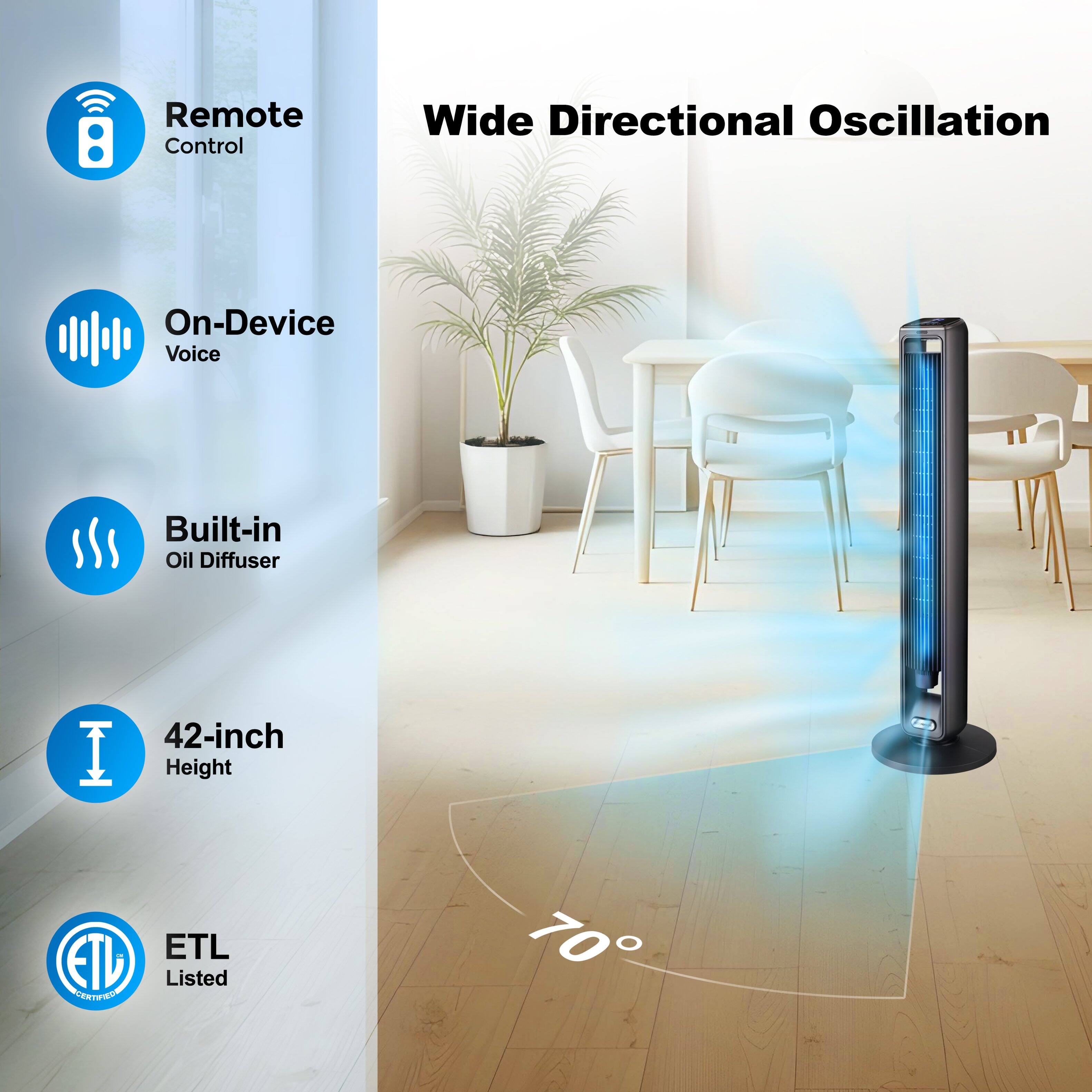 Remote Control  
Wide Directional Oscillation  
On-Device Voice  
Built-in Oil Diffuser  
42-inch Height  
ETL Listed