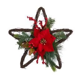 BreeBe - 16” Holiday Christmas Poinsettia Star Twig Wreath - Multi