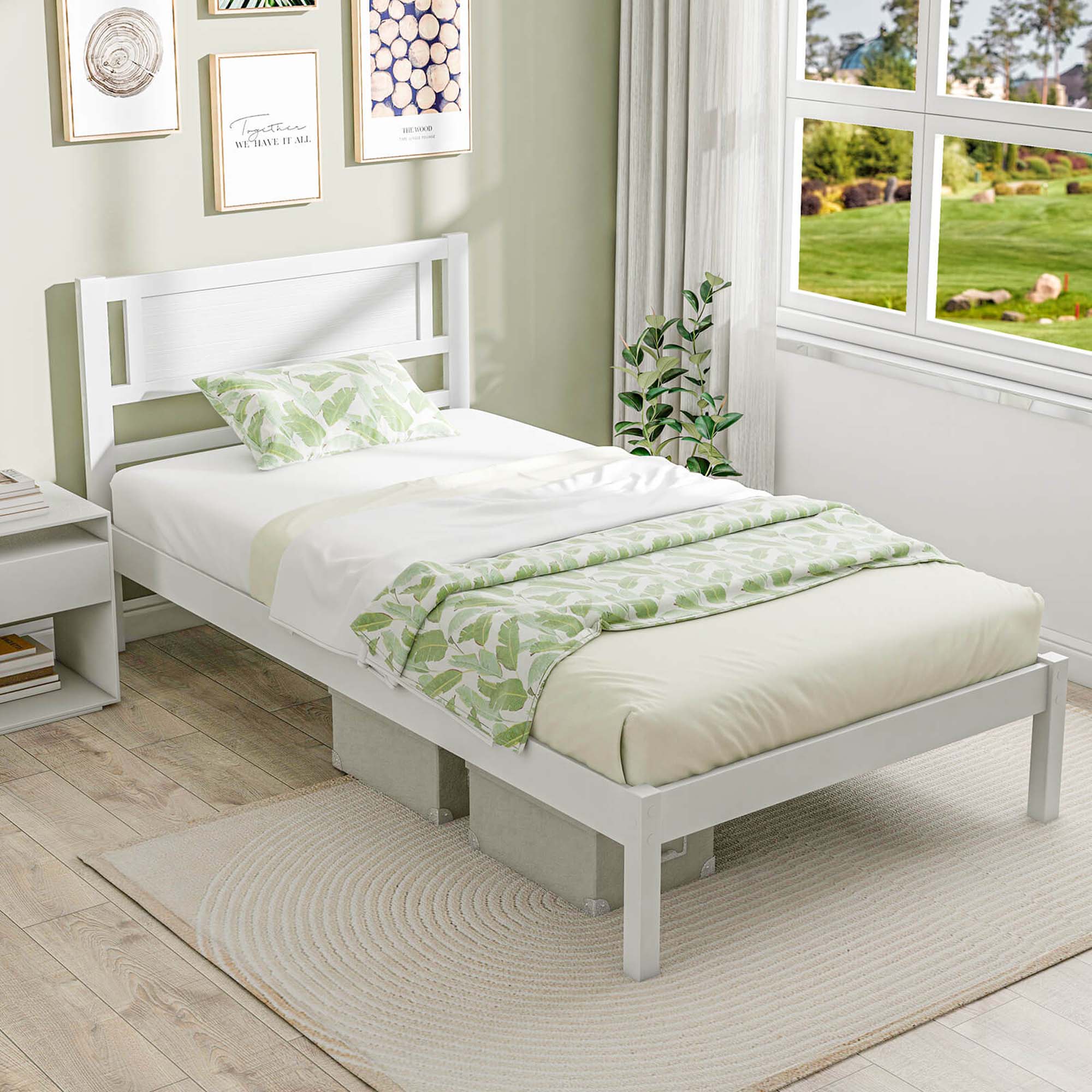 Alt View 2. Costway - Twin Wooden Platform Bed with 12 Slats Headboard & Under Bed Storage - White.