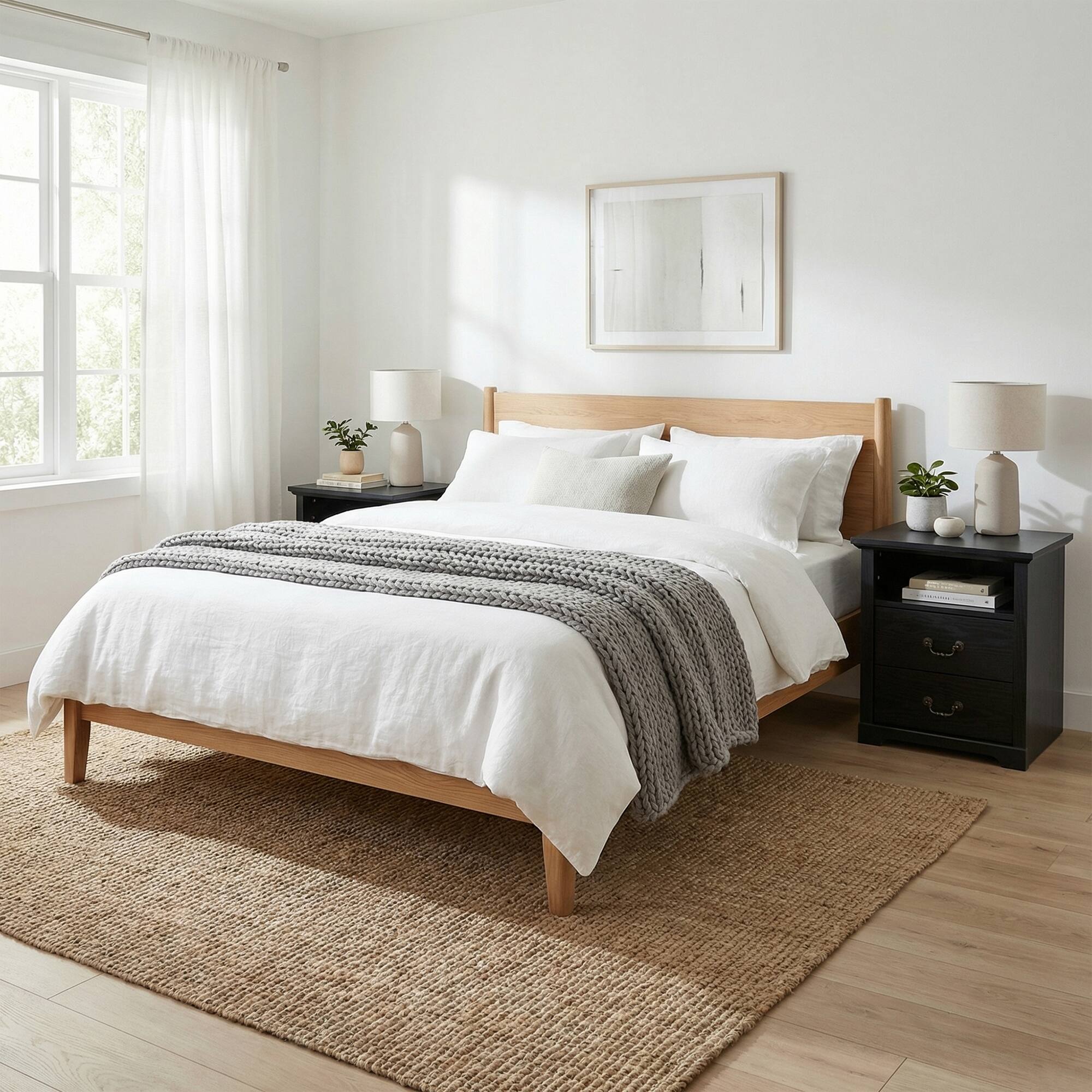 Back. Vaczon - Rustic Black Nightstands (Set of 2) with Open Shelf and 2 Drawers - Black.