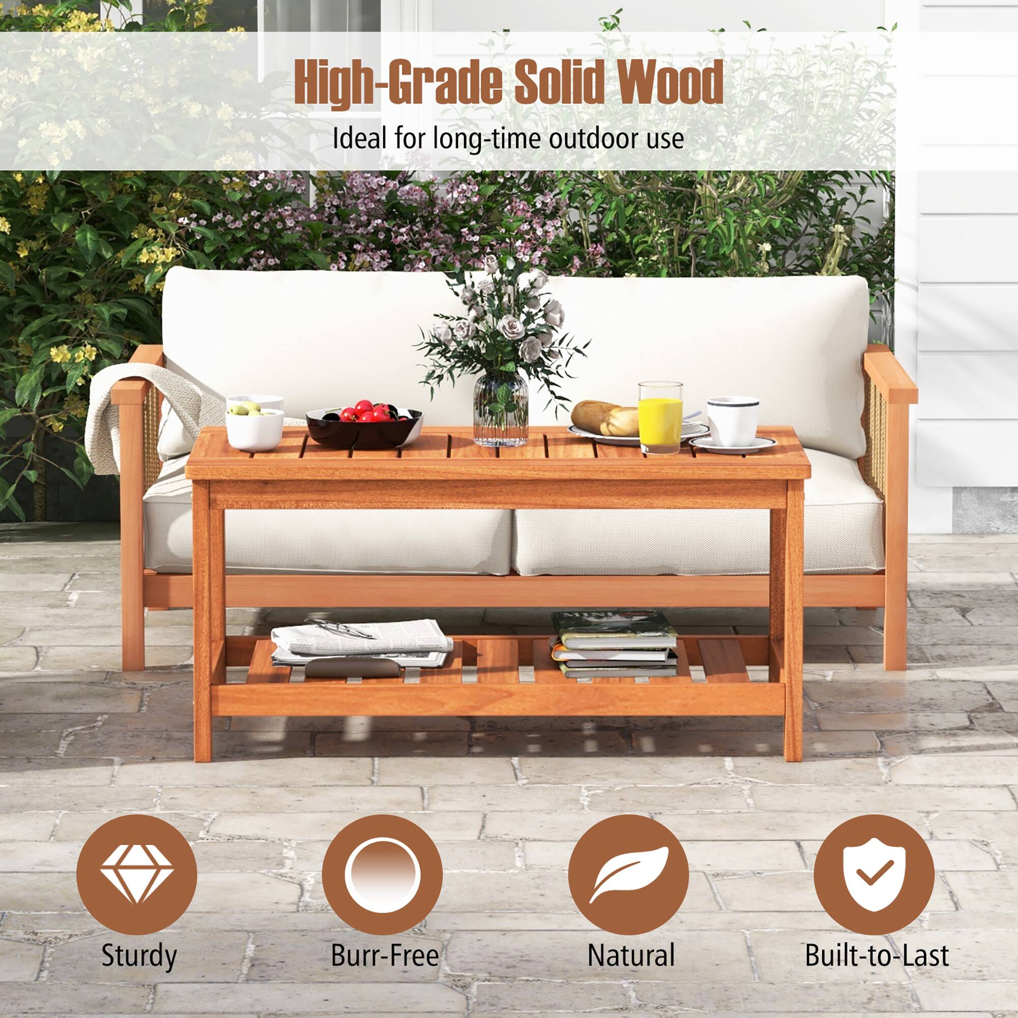 High-Grade Solid Wood  
Ideal for long-time outdoor use  

Sturdy  
Burr-Free  
Natural  
Built-to-Last