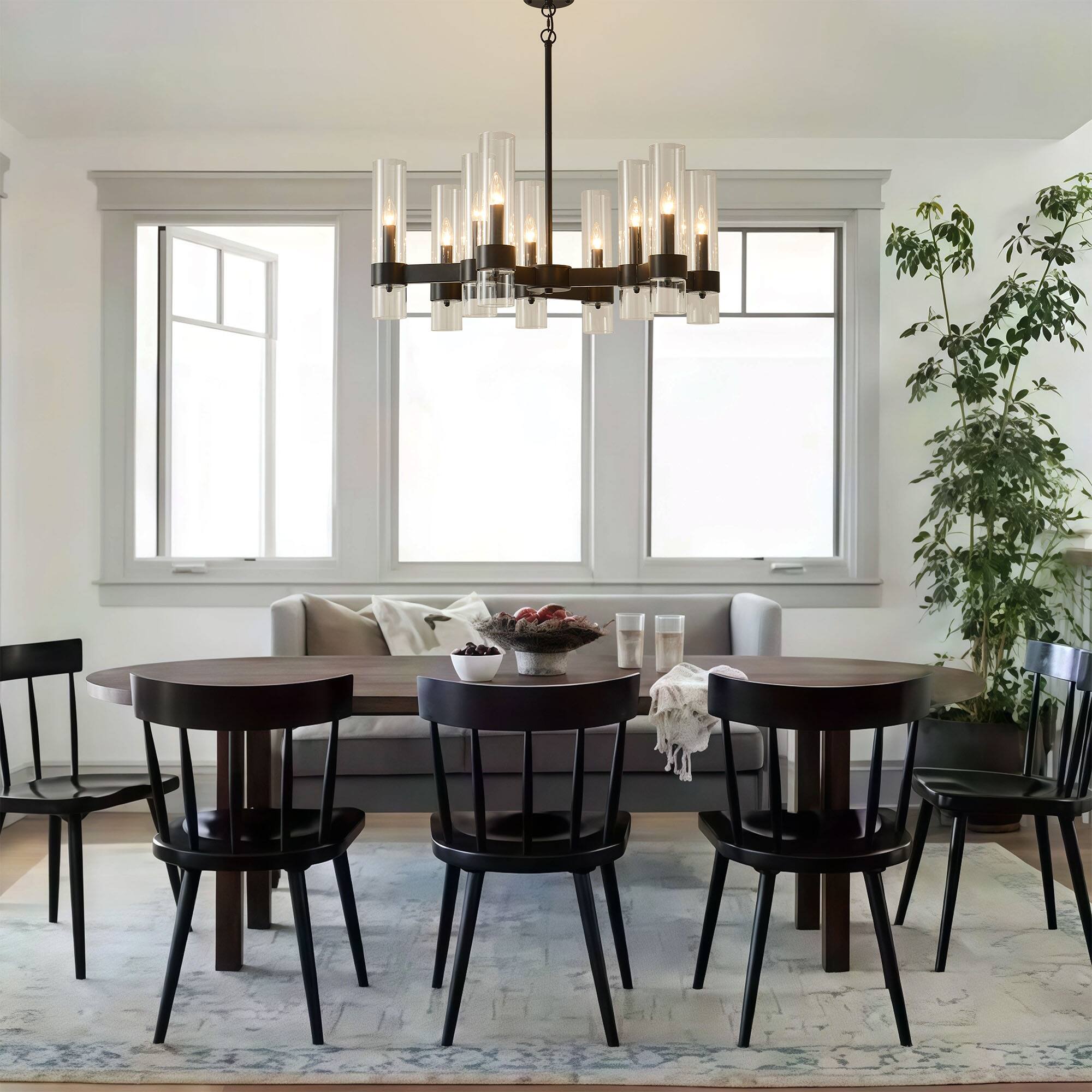 Left. RYHNUYNE - 9-Light Black Farmhouse Chandelier With Clear Cylinder Glass Shades, Modern Farmhouse Pendant Light For Dining Room - balck.