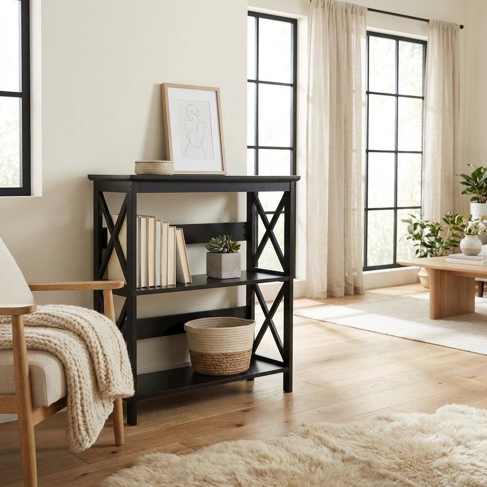 Alt View 2. FurniFact - Wooden 3 Tier Bookcase with Non-Lead Base Paint Finish for Storage and Display - Black.