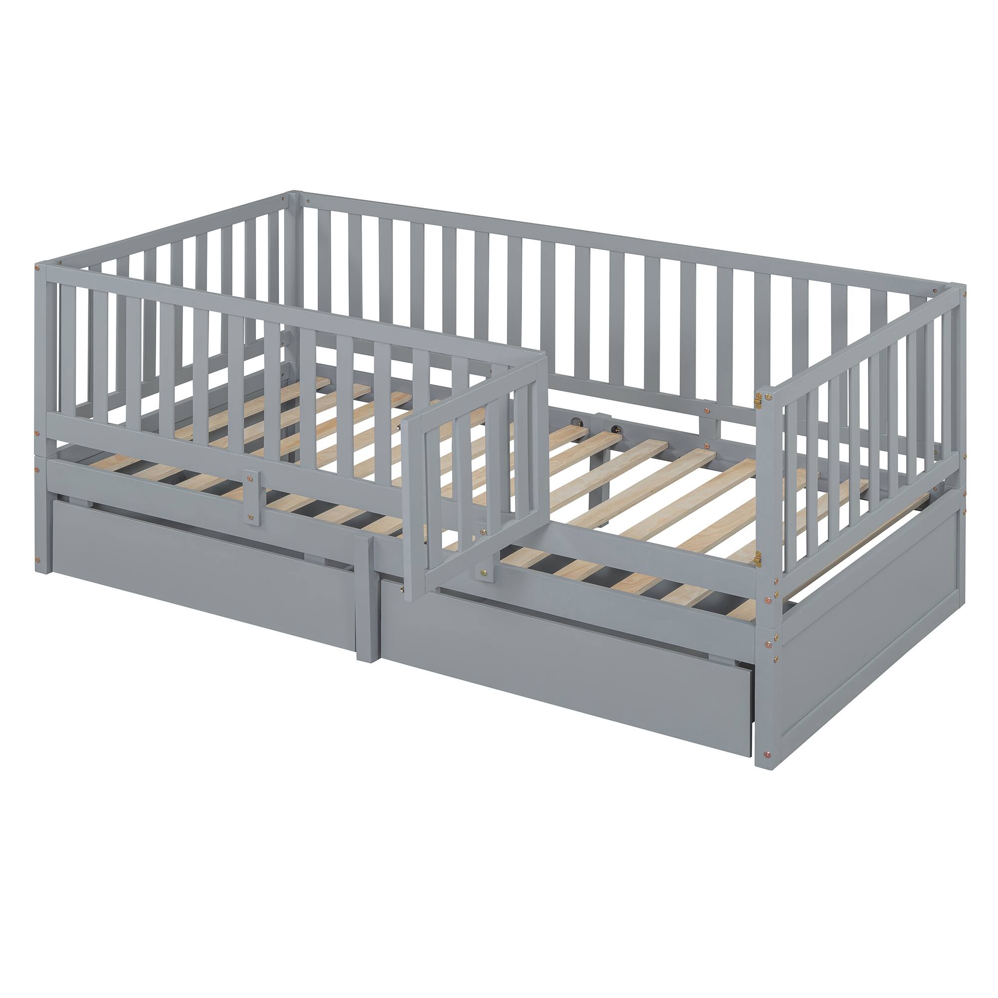 Back. Tiramisubest - Twin Size Wood Daybed with Fence Guardrails and 2 Drawers, Split into Independent Floor Bed & Daybed, Gray - Gray.