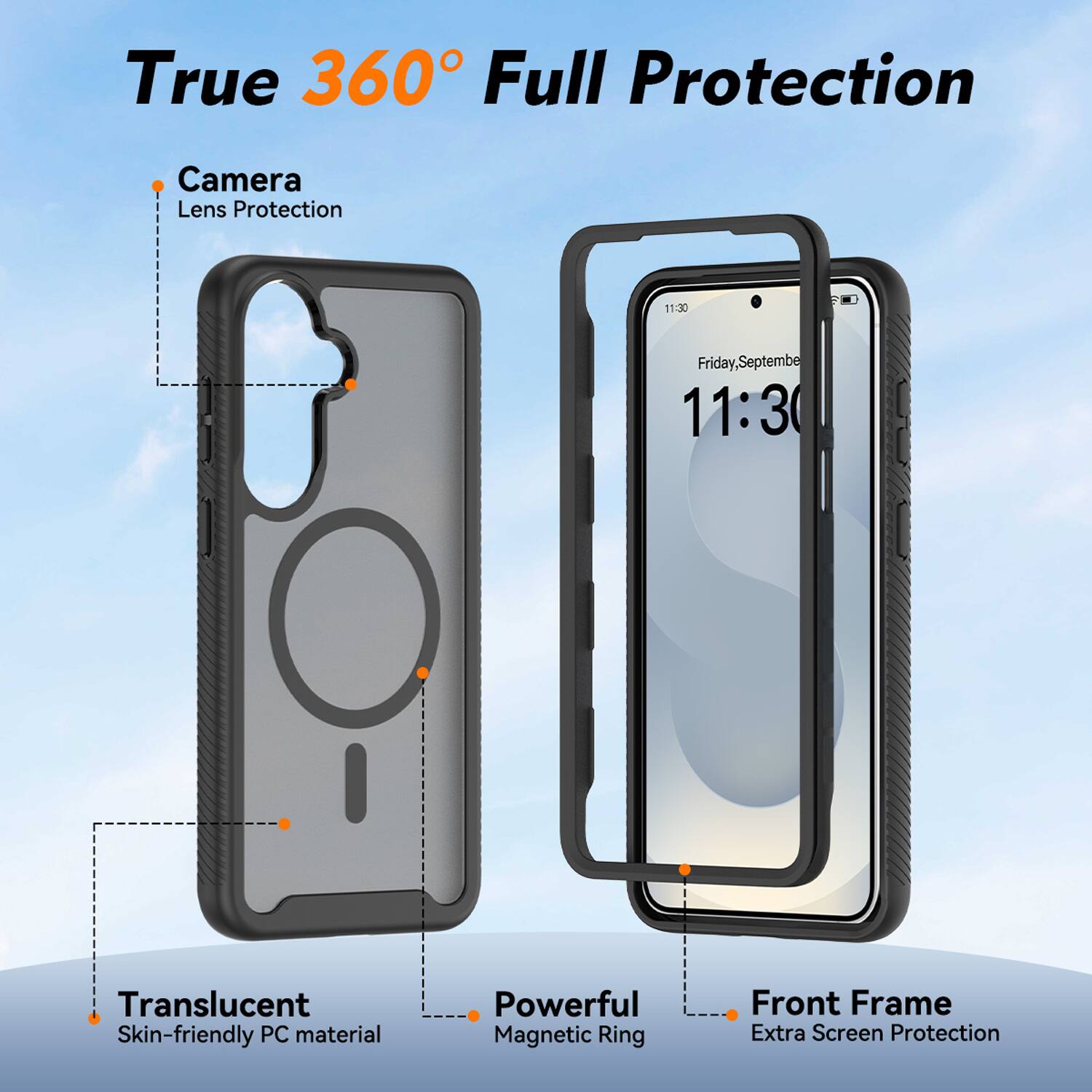 True 360° Full Protection

- Camera Lens Protection
- Translucent Skin-friendly PC material
- Powerful Magnetic Ring
- Front Frame Extra Screen Protection
