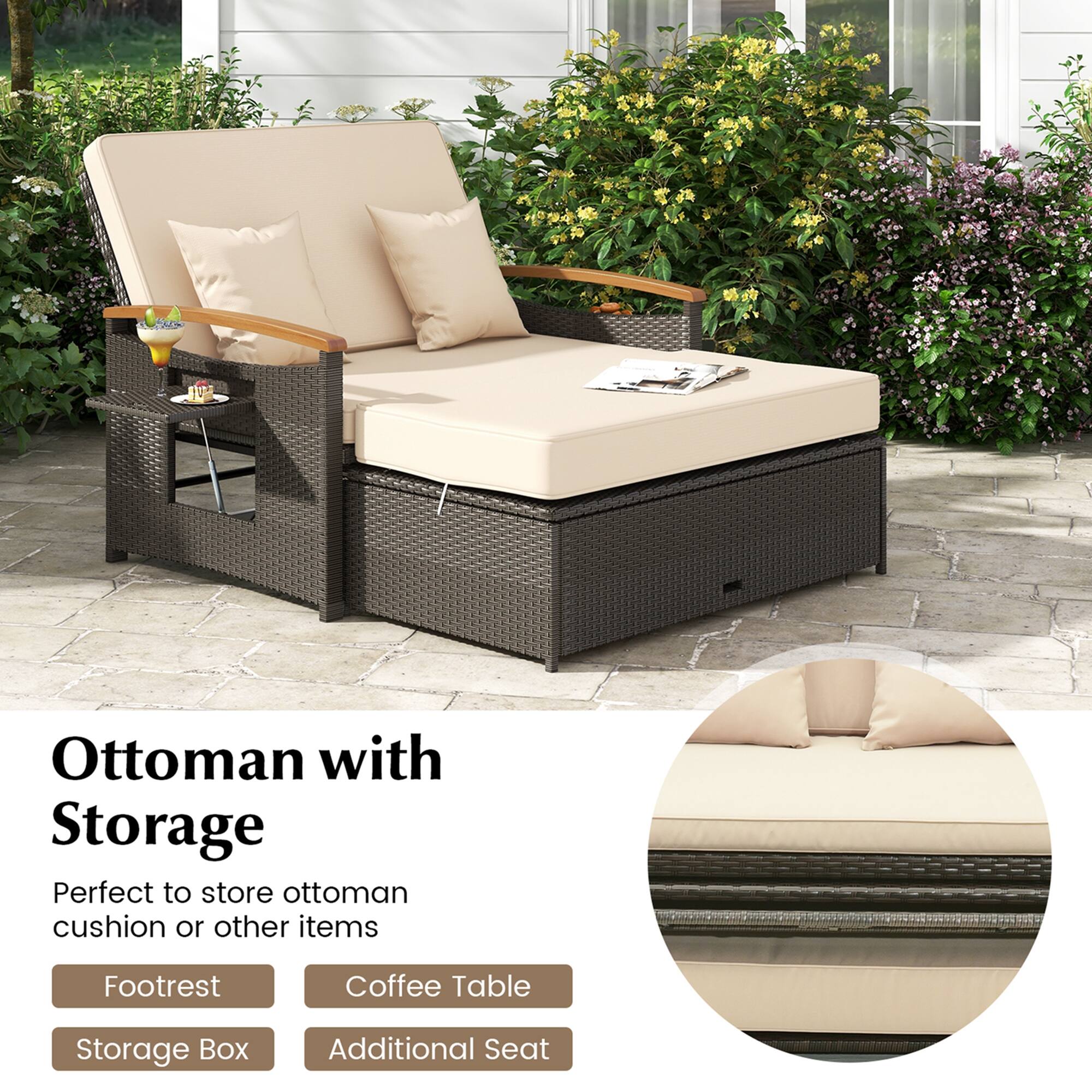 The image features an outdoor patio set that includes a storage ottoman, a coffee table, and a footrest. The storage ottoman is perfect for storing the ottoman cushion or other items, and it also has a storage box to keep things organized. The coffee table is a convenient place to put drinks or snacks, and the footrest provides extra comfort while sitting. The patio set is designed to be both functional and stylish, making it an ideal addition to any outdoor space.
