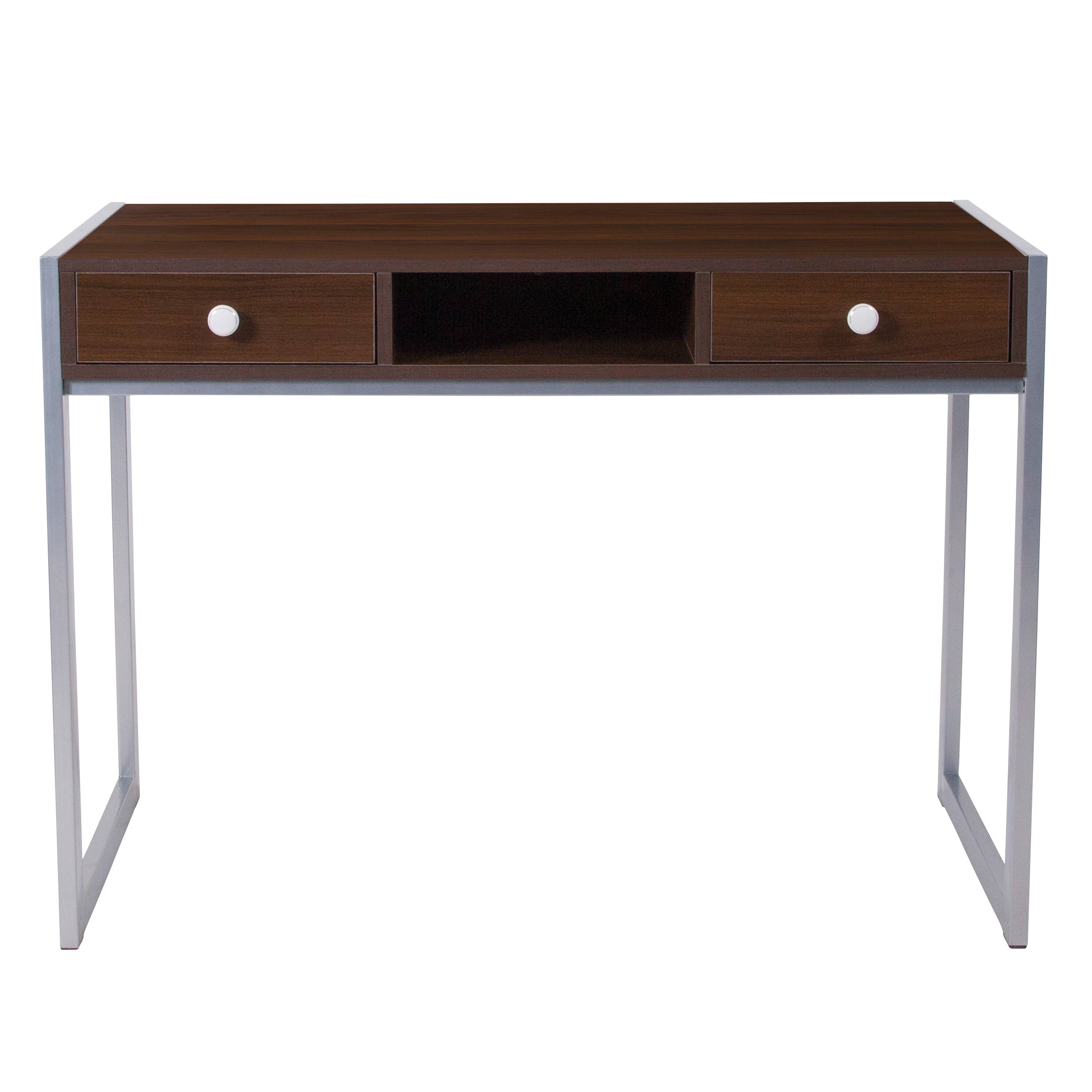Alt View 4. Emma + Oliver - Dark Wood Grain Finish Desk with Two Drawers and Silver Metal Frame - Dark Wood Grain.