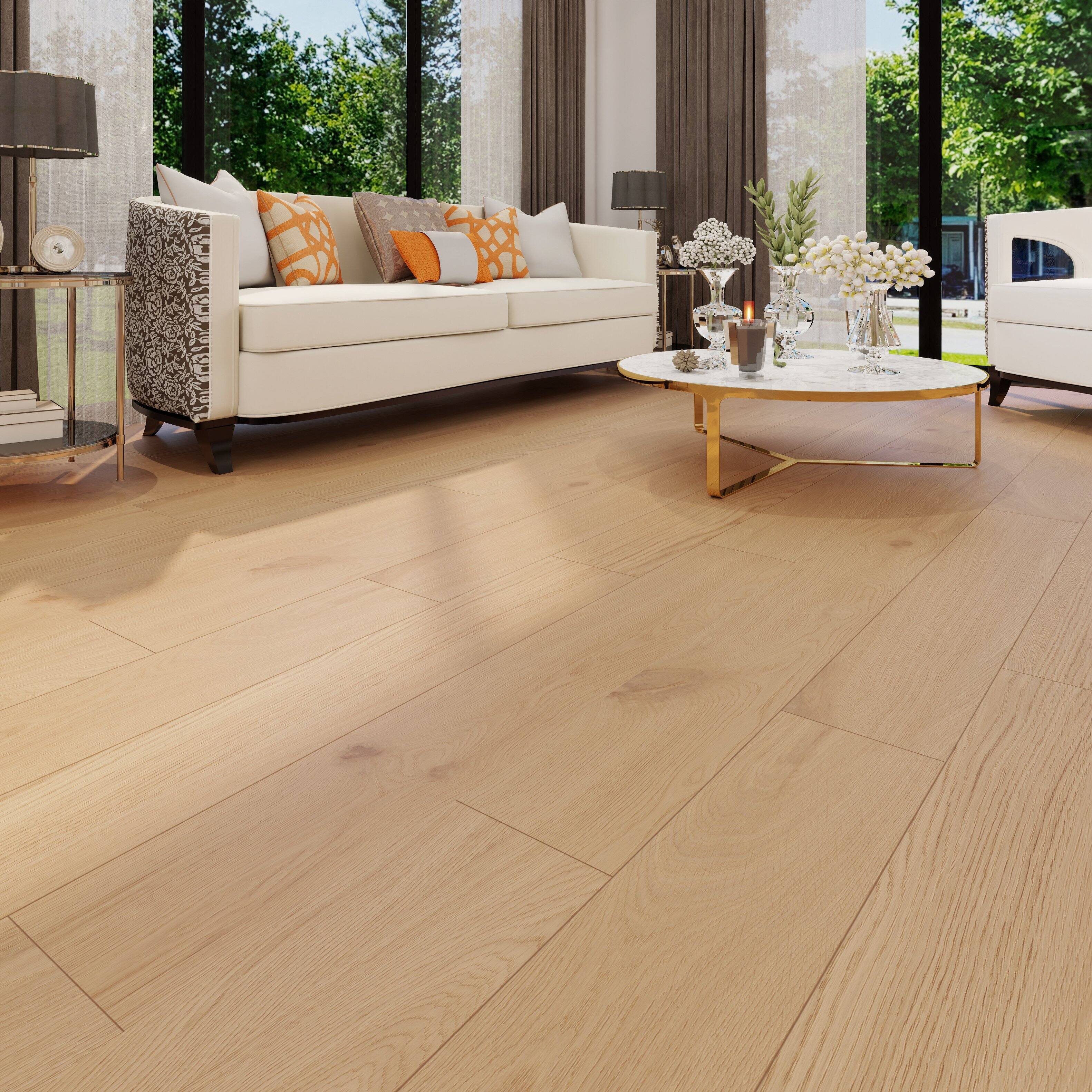 Left. Dotfloor - Superoak Lite Laminate Flooring - 48"x7.7" Planks, 10 Planks/Box (25.6 sq ft/Box), 9.5mm Thick, AC4 Wear Rating - Golden Rustic.