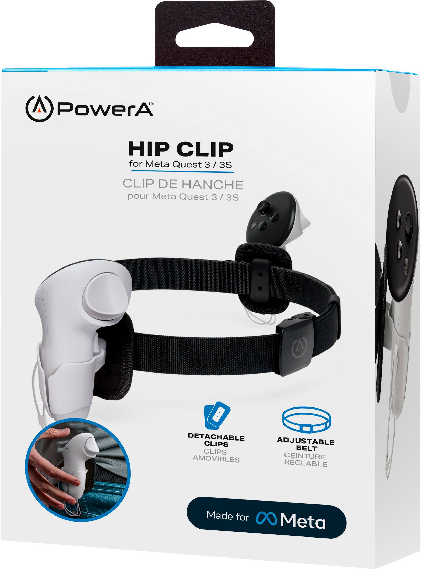 The text on the image reads: "TM PowerA HIP CLIP for Meta Quest 3 / 3S / CLIP DE HANCHE pour Meta Quest 3 / 3S / DETACHABLE ADJUSTABLE CLIPS CLIPS BELT AMOVIBLES CEINTURE RGLABLE Made for Meta Quest 3 / 3S."