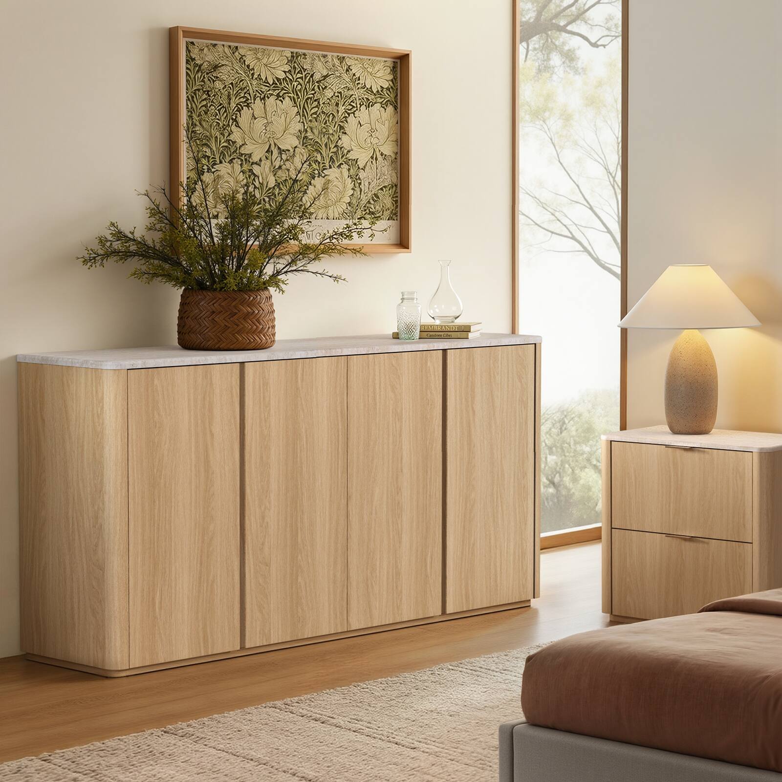 Angle. ModernMate - 67"W Modern Sideboard Buffet Cabinet Faux Travetine Kitchen Dining Storage with 4 Cabinets & Adjustable Shelves - Natural Oak.