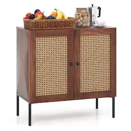 Pefilos - Kitchen Storage Cabinet, Buffet Sideboard, Kitchen Sideboard with 2 Rattan Doors and Adjustable Shelf, for Dining Room - Brown