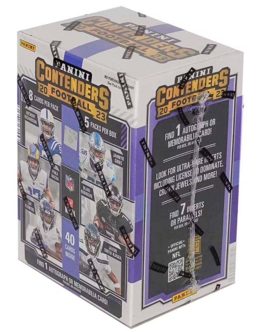 PANINI  
CONTENDERS  
20 FOOTBALL 23  

8 CARDS PER PACK  
5 PACKS PER BOX  

NO PURCHASE NECESSARY. See Pack for details.  

FIND 1 AUTOGRAPH OR MEMORABILIA CARD!  

LOOK FOR ULTRA-ARE INSERTS INCLUDING LICENSED DOMINATE, CROWN JEWELS AND MORE!  

FIND 7 INSERTS OR PARALLEL CARDS!  

40 CARDS INSIDE  

FIND 1 AUTOGRAPH OR MEMORABILIA CARD!  

OFFICIAL PANINI NFL  

PANINI  
PANINI  
PANINI  
PANINI  
PANINI  
PANINI  
PANINI  
PANINI  
PANINI  
PANINI  
PANINI  
PANINI  
PANINI  
PANINI  
PANINI  
PANINI  
PANINI  
PANINI  
PANINI  
PANINI  
PANINI  
PANINI  
PANINI  
PANINI  
PANINI  
PANINI  
PANINI  
PANINI  
PANINI  
PANINI  
PANINI  
PANINI  
PANINI  
PANINI