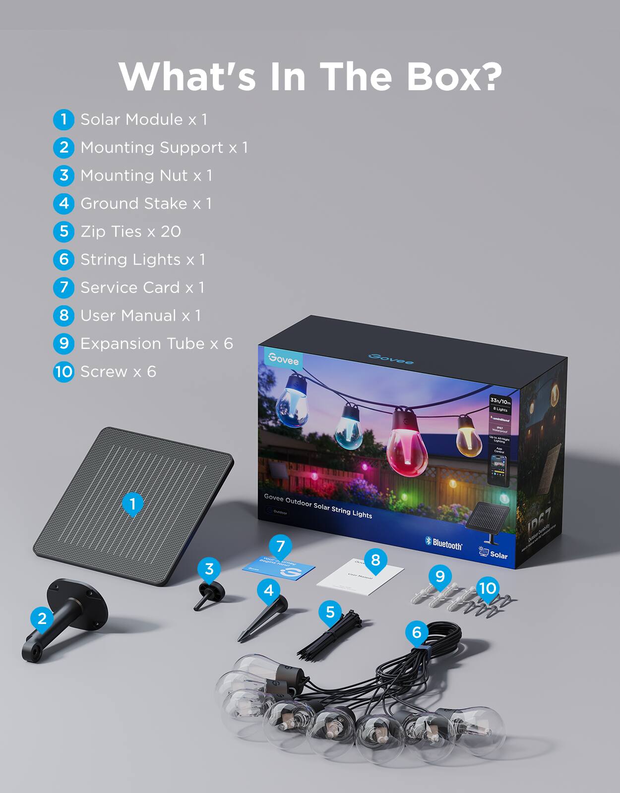 What's In The Box?

1. Solar Module x 1
2. Mounting Support x 1
3. Mounting Nut x 1
4. Ground Stake x 1
5. Zip Ties x 20
6. String Lights x 1
7. Service Card x 1
8. User Manual x 1
9. Expansion Tube x 6
10. Screw x 6

Govee Outdoor Solar String Lights

- Govee over 310m L
- Govee Outdoor Solar String Lights
- Bluetooth
- Solar
- ID67