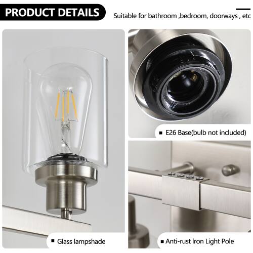 PRODUCT DETAILS

Suitable for bathroom, bedroom, doorways, etc

- E26 Base (bulb not included)
- Glass lampshade
- Anti-rust Iron Light Pole