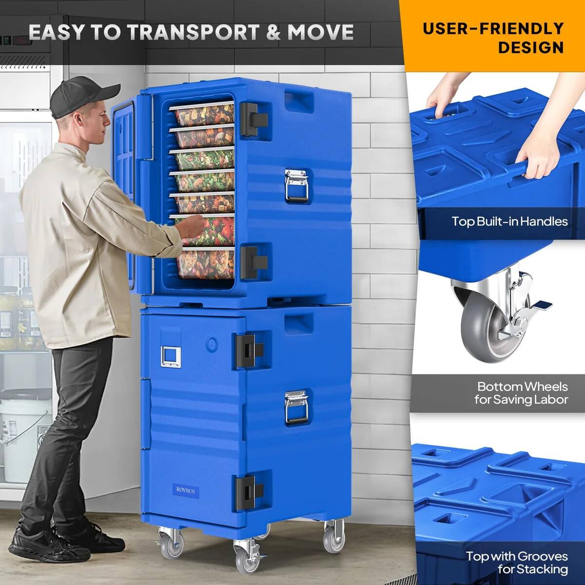 EASY TO TRANSPORT & MOVE

USER-FRIENDLY DESIGN

Top Built-in Handles

Bottom Wheels for Saving Labor

Top with Grooves for Stacking