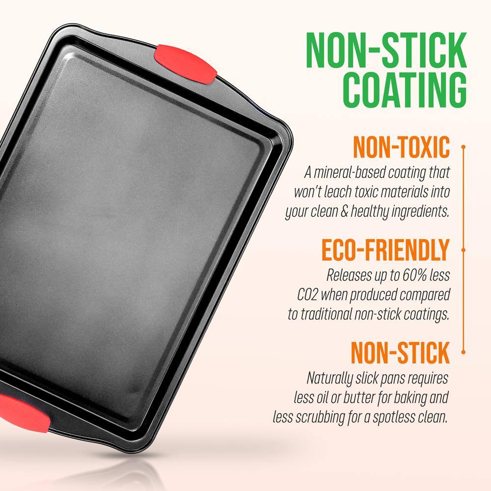 NON-STICK COATING

NON-TOXIC  
A mineral-based coating that won't leach toxic materials into your clean & healthy ingredients.

ECO-FRIENDLY  
Releases up to 60% less CO2 when produced compared to traditional non-stick coatings.

NON-STICK  
Naturally slick pans require less oil or butter for baking and less scrubbing for a spotless clean.