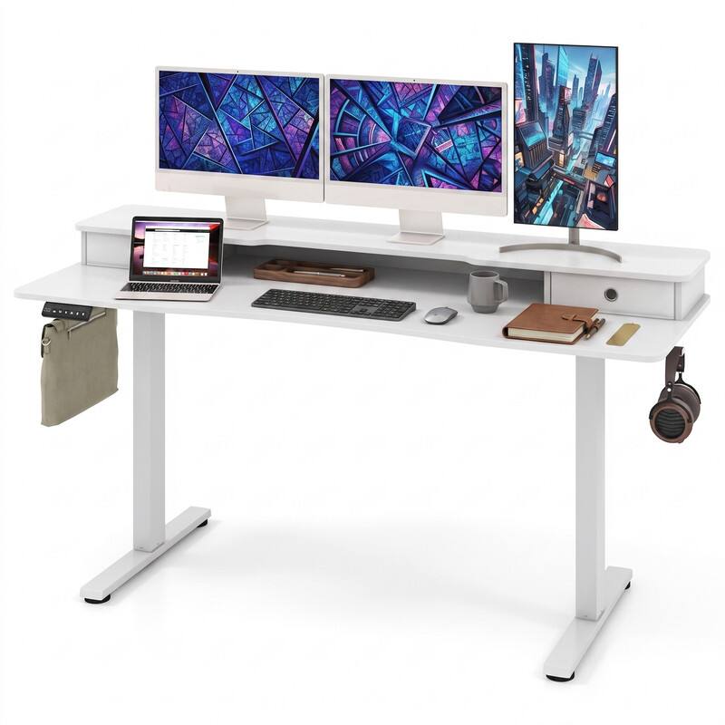 Angle. WELLFOR - 63" Height Adjustable Sit Stand Computer Desk with 2 Drawers & Hanging Hooks, Sit Stand Home Office Desk - White.