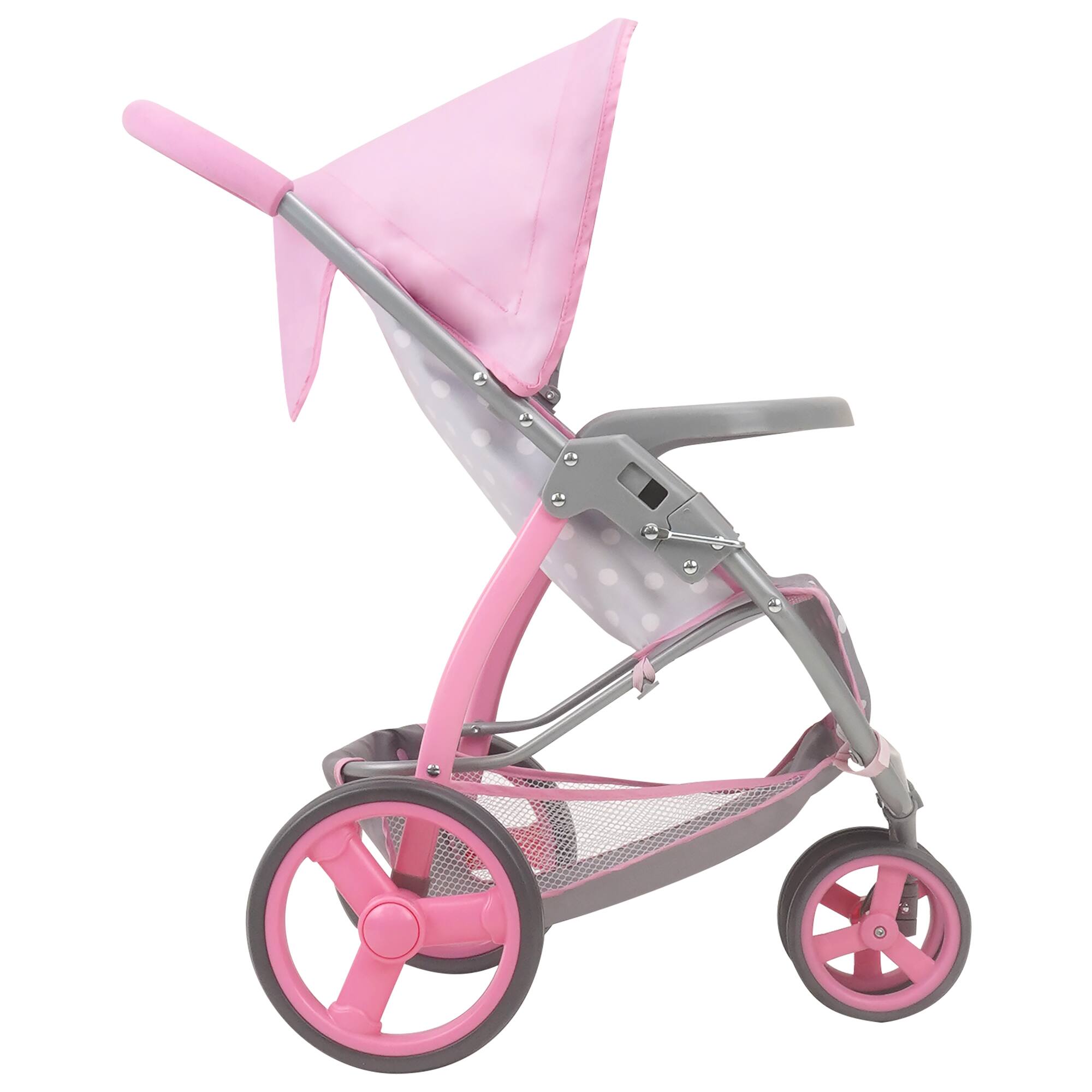 Back. 509 Crew - 509 Crew - Cotton Candy Pink Doll Jogger Stroller in Grey Polka Dots, Fits Dolls Up to 24".