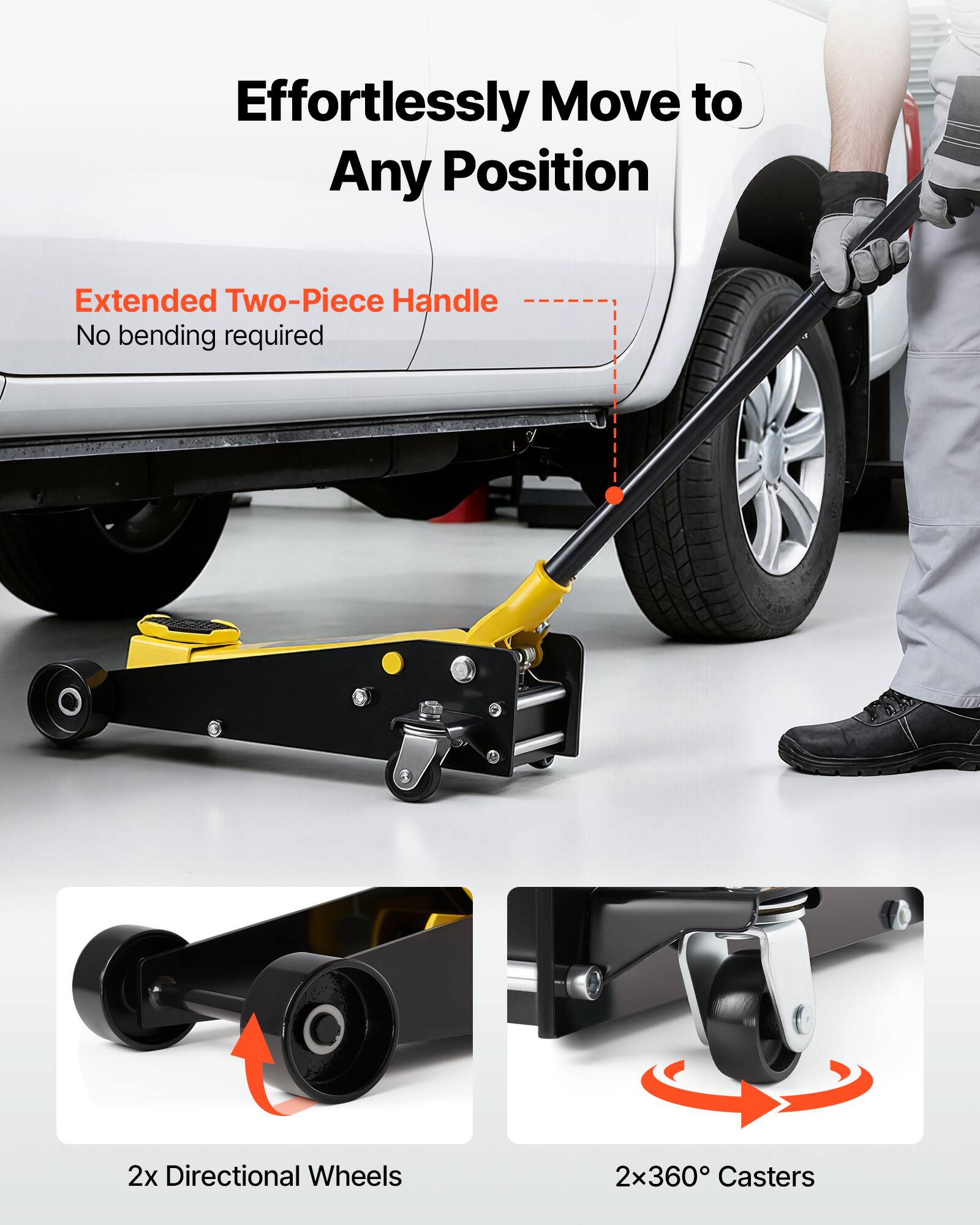 Effortlessly Move to Any Position

Extended Two-Piece Handle
No bending required

2x Directional Wheels
2x360° Casters