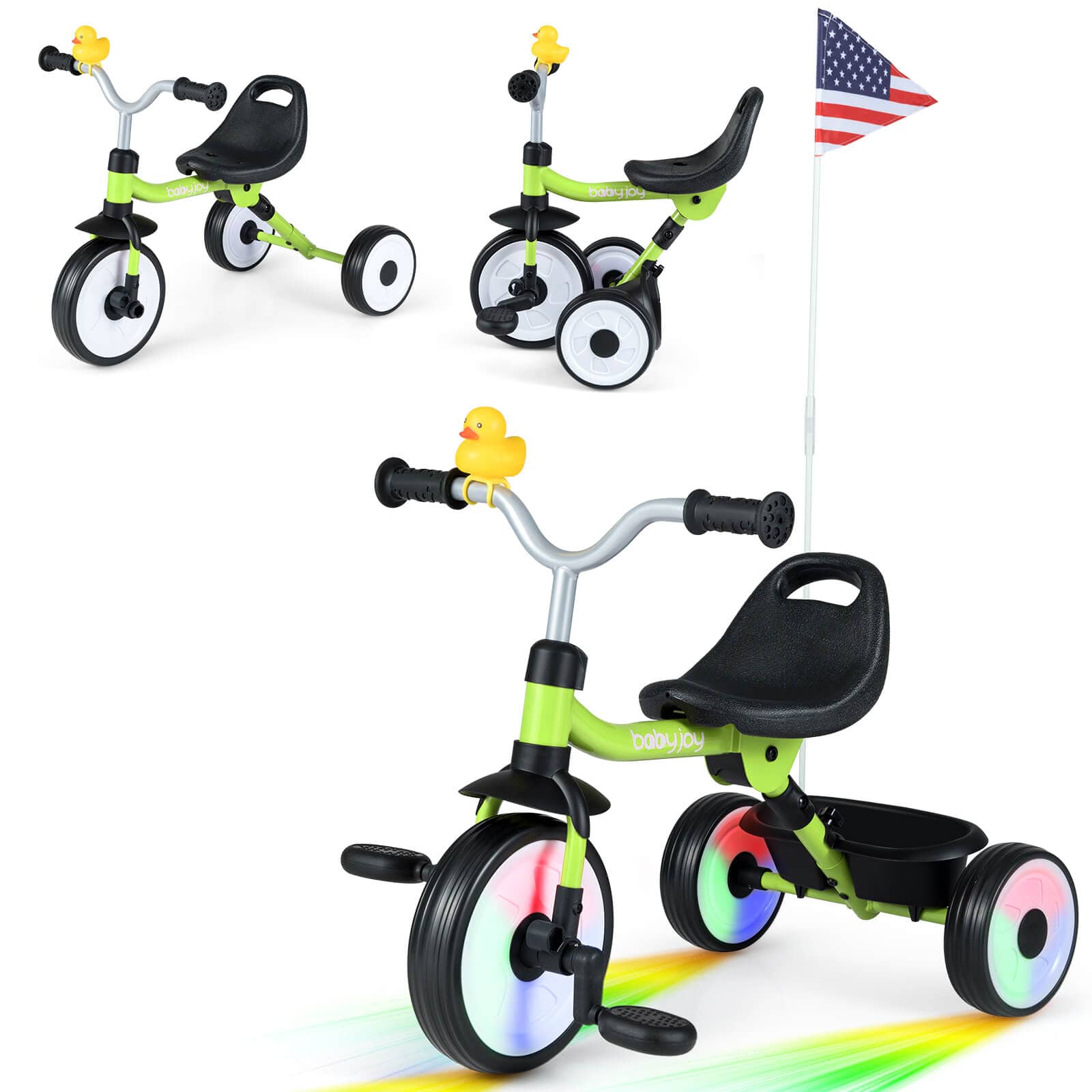 Costway - 3-in-1 Kids Tricycle with Lighted Wheels Folding Toddler Trike with Adjustable Seat - Green price history on PriceWatchPro