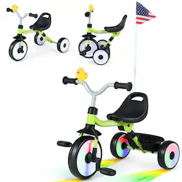 Costway - 3-in-1 Kids Tricycle with Lighted Wheels Folding Toddler Trike with Adjustable Seat - Green