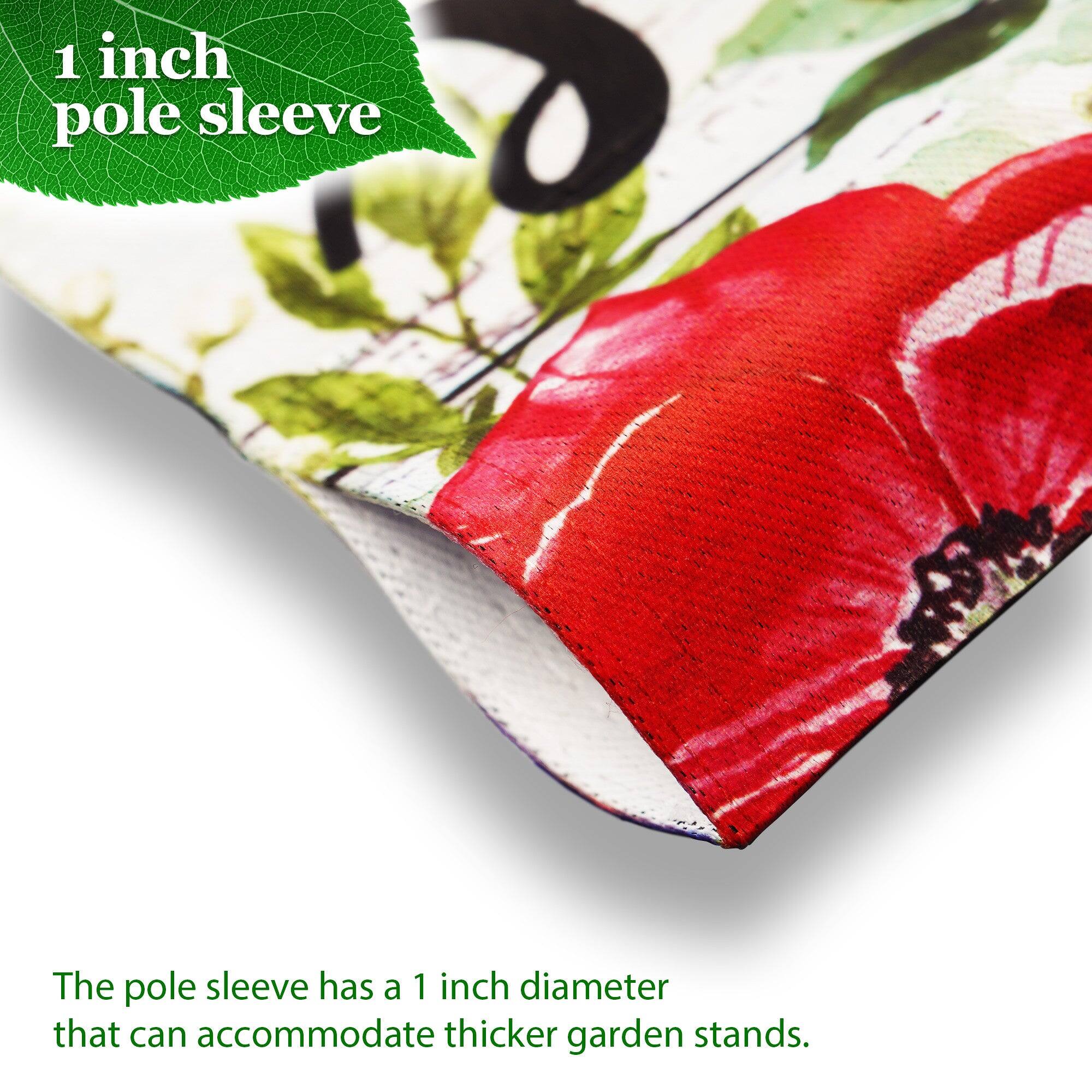 1 inch pole sleeve

The pole sleeve has a 1 inch diameter that can accommodate thicker garden stands.