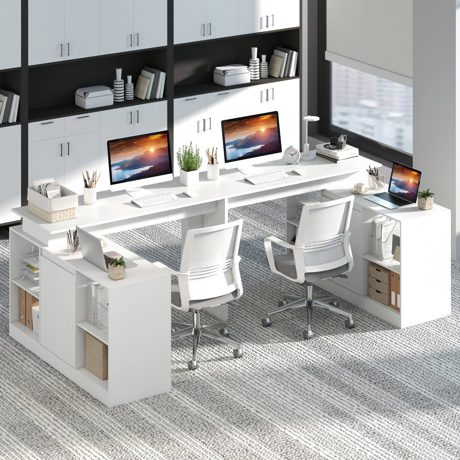 Alt View 4. Gymax - Gymax 48'' Reversible L-shaped Computer Desk w/2 Doors 4 Open Storage Cubes for Office White - White.
