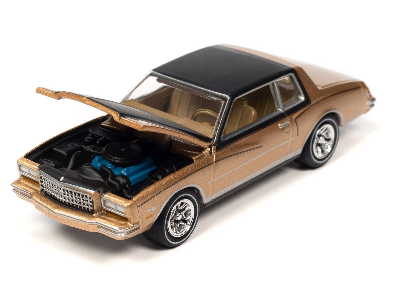 Angle. Johnny Lightning - 1980 Chevrolet Monte Carlo Light Camel Gold Metallic w/ Black Top & Hood "OK Used Cars" 2023 Series Limited 3484 1/64 - Gold Metallic With Black Top.