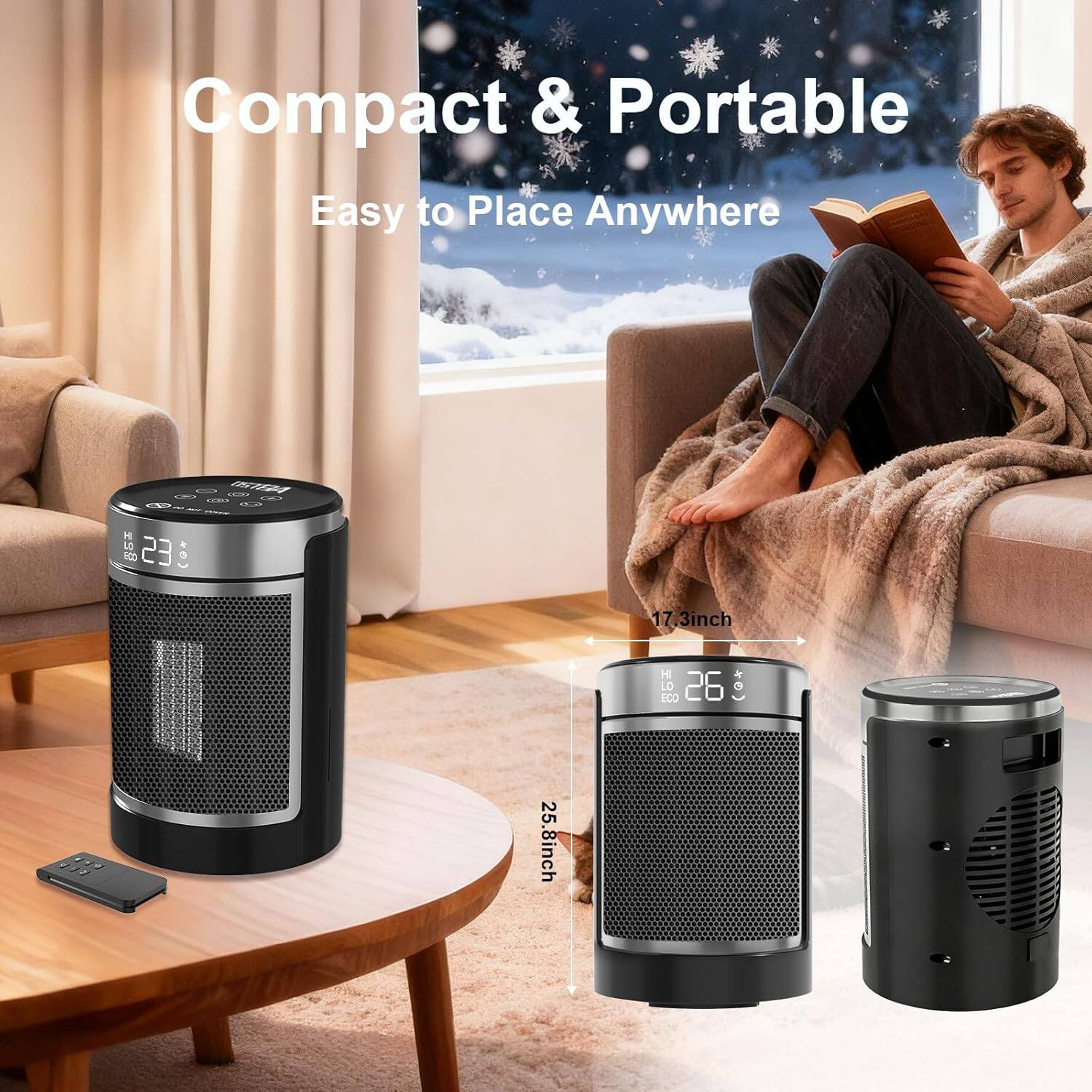 Alt View 8. OSTBA - Space Heater, 1500W Electric Heater with Thermostat, 70° Oscillation, Remote & 24H Timer, Tip-Over/Overheat Protection - Black.