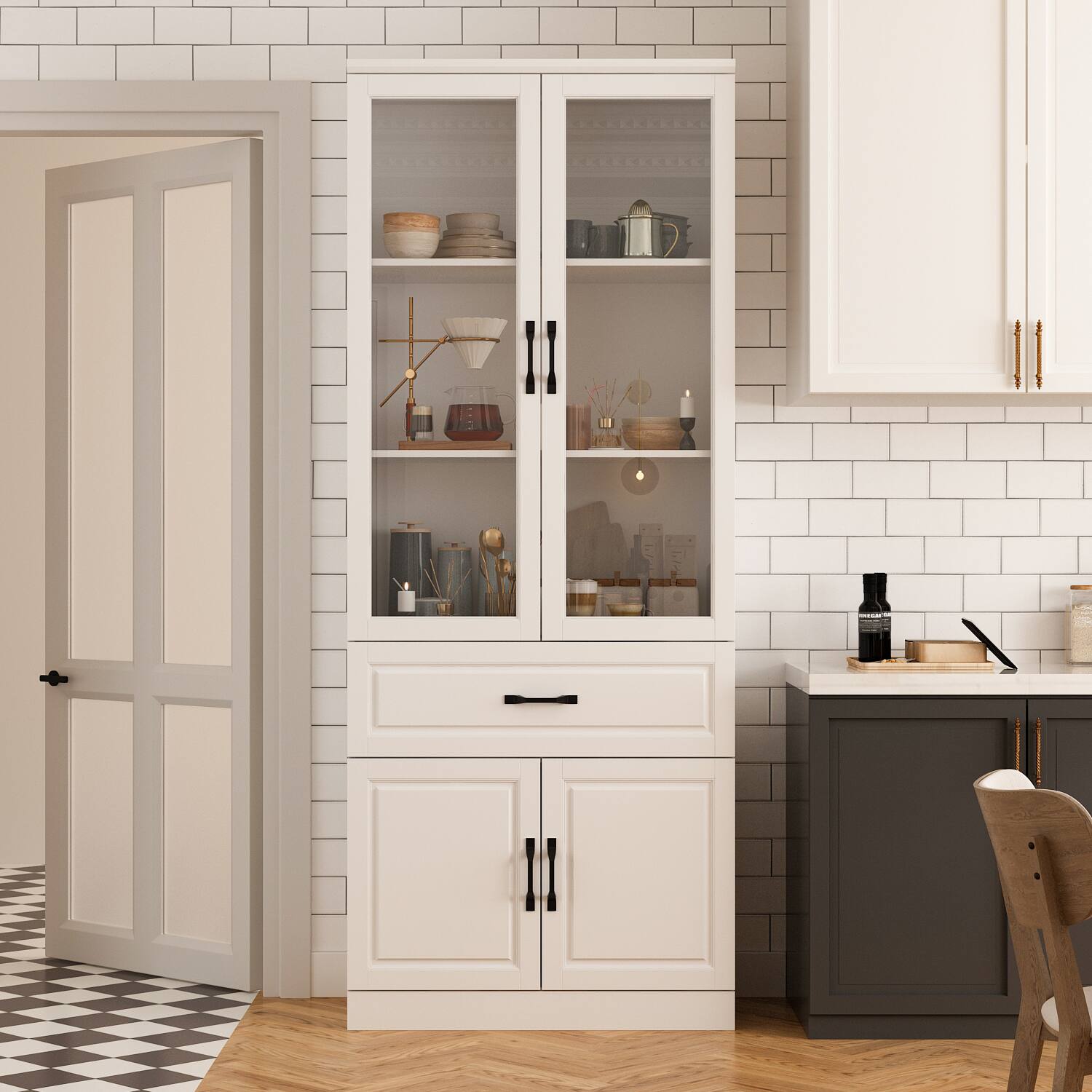 Alt View 8. FUFU & GAGA - FUFU&GAGA Modern Kitchen Buffet Cabinet with Glass Doors: Adjustable Shelves & Drawer for Dining Room Storage - White.