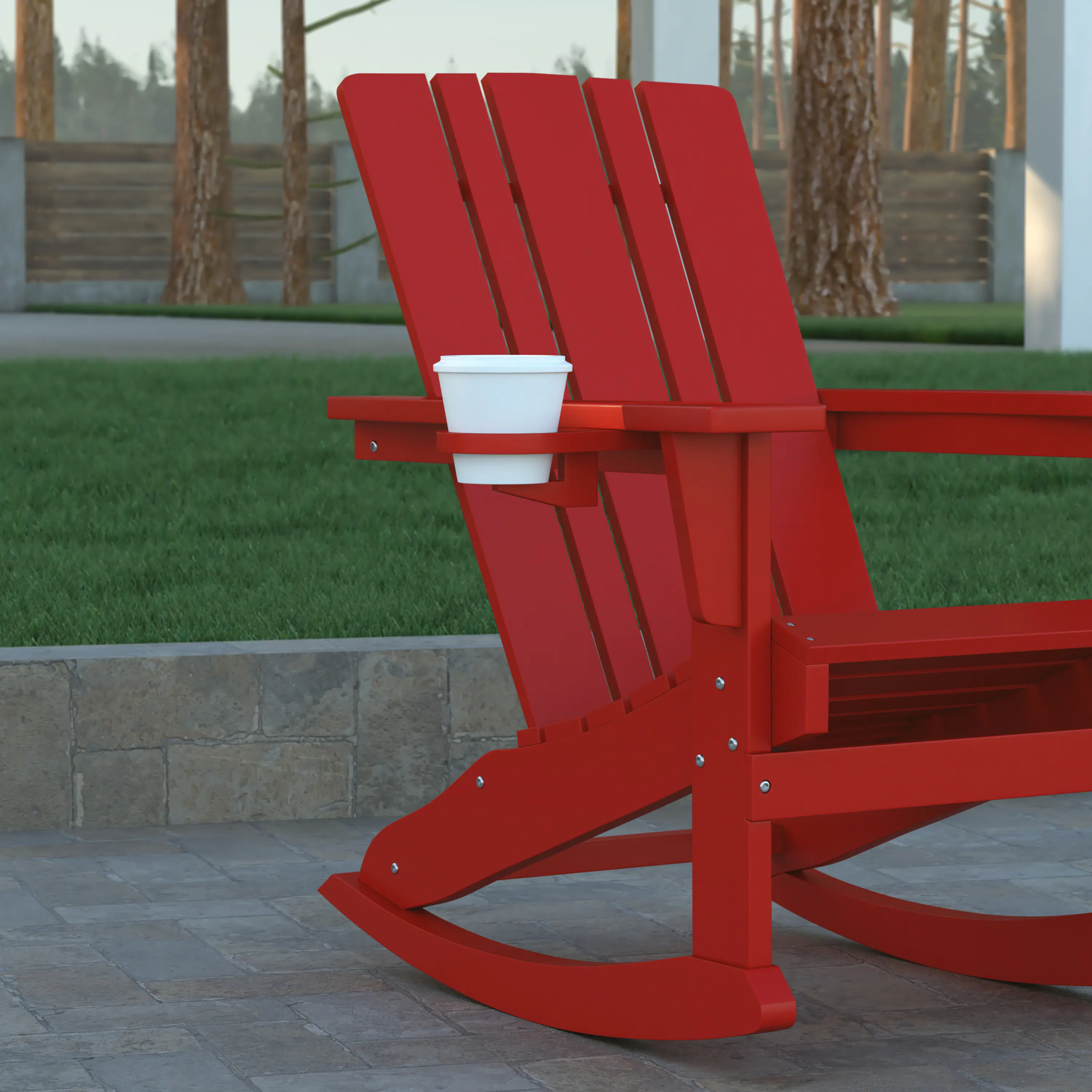 Alt View 4. Emma + Oliver - Haley Adirondack Rocking Chair with Cup Holder, Weather Resistant HDPE Adirondack Rocking Chair - Red.