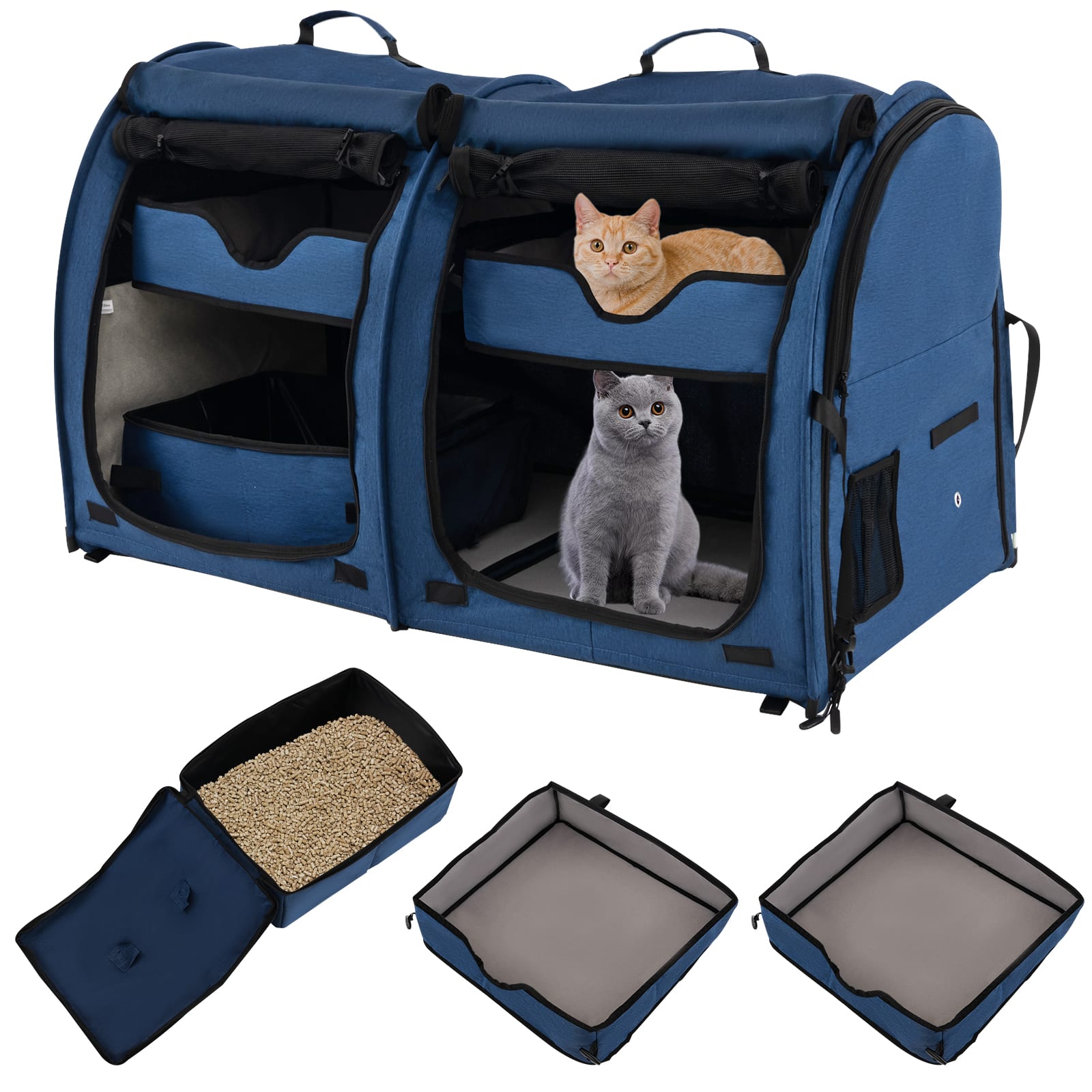 Front. Costway - Portable Pet Carrier Kennel Cat Dog Crate Twin Compartments w/ Mats Litter Box - Navy Blue.