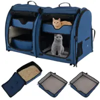 Costway - Portable Pet Carrier Kennel Cat Dog Crate Twin Compartments w/ Mats Litter Box - Navy Blue - Front_Zoom