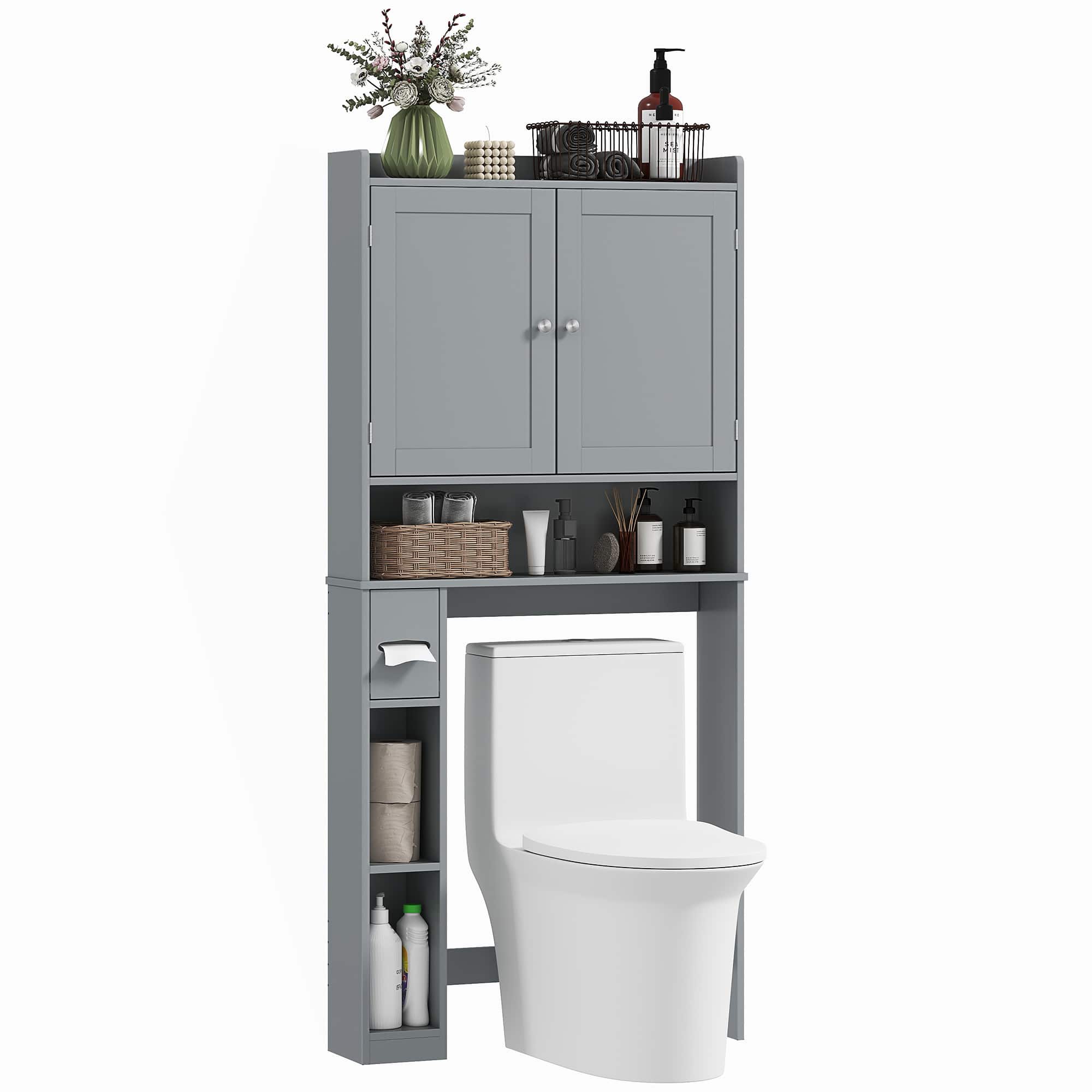 Homcom - Over the Toilet Storage Cabinet, Modern Above Toilet Bathroom Organizer with 2 Doors, Storage Shelves - Gray
